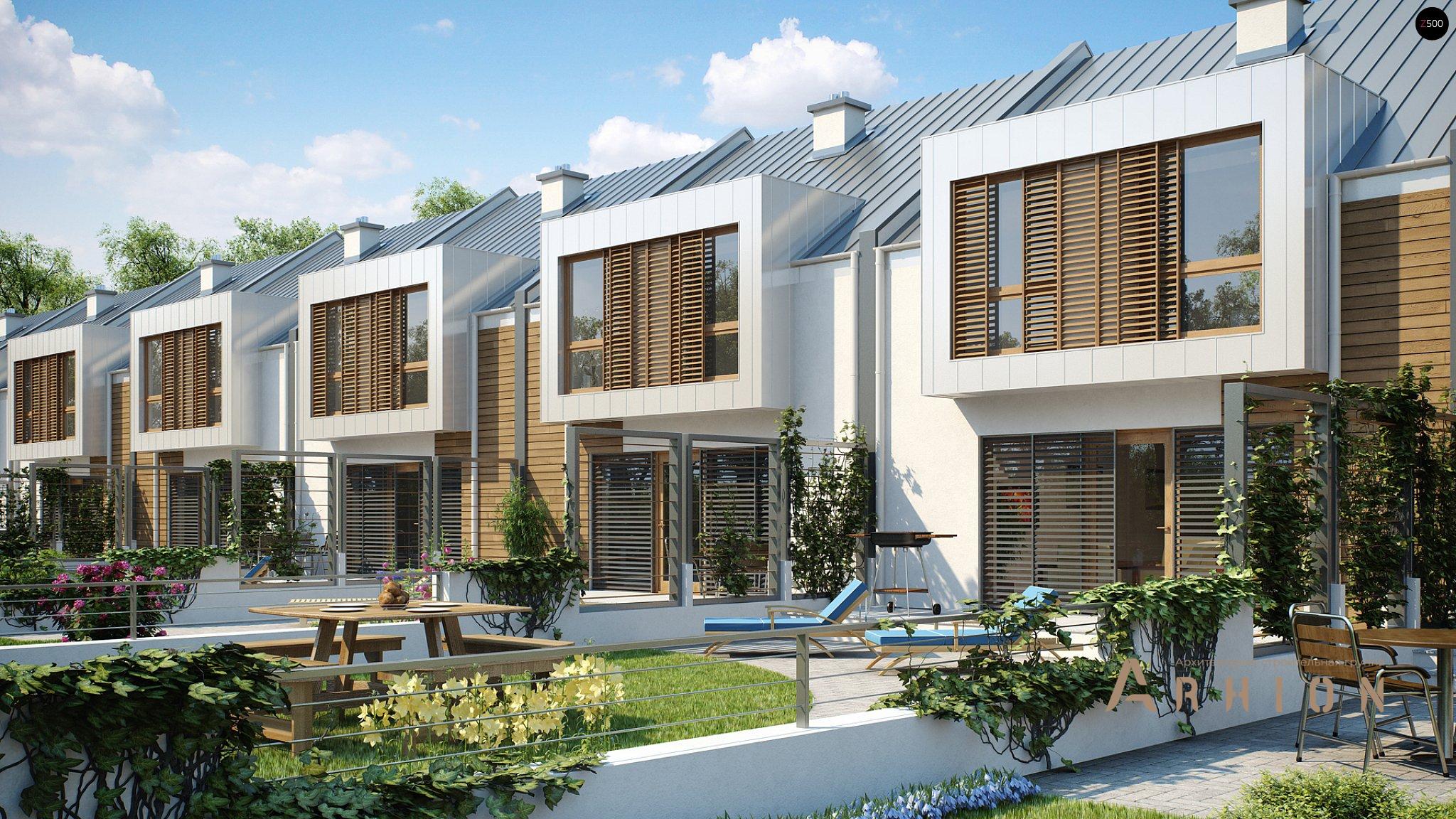 1. Проект одноэтажного дома в современном стиле с двускатной кровлей, Zs1, площадью - 154 кв c мансардой, терассой, гаражом, эркером