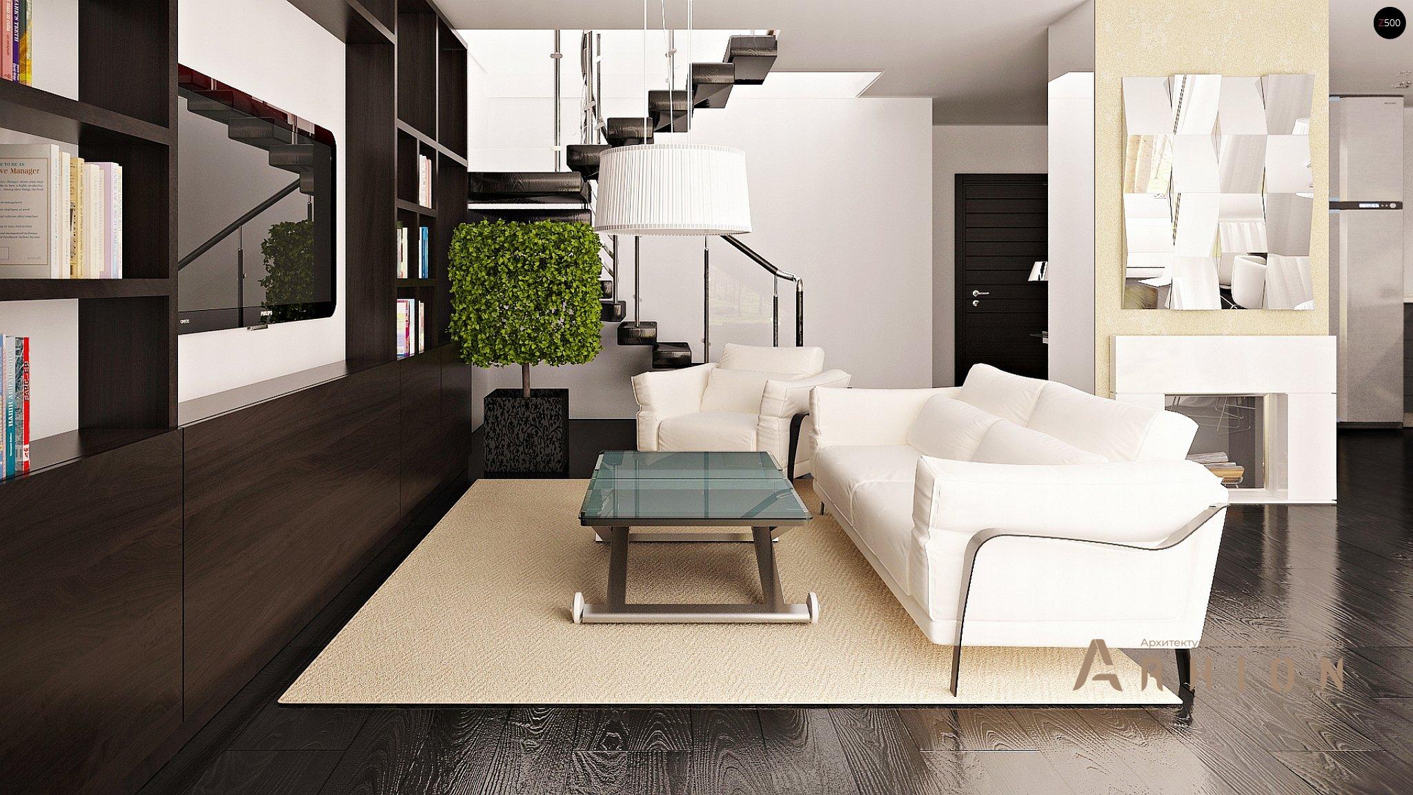 2. Проект одноэтажного дома в современном стиле с двускатной кровлей, Zs1, площадью - 154 кв c мансардой, терассой, гаражом, эркером