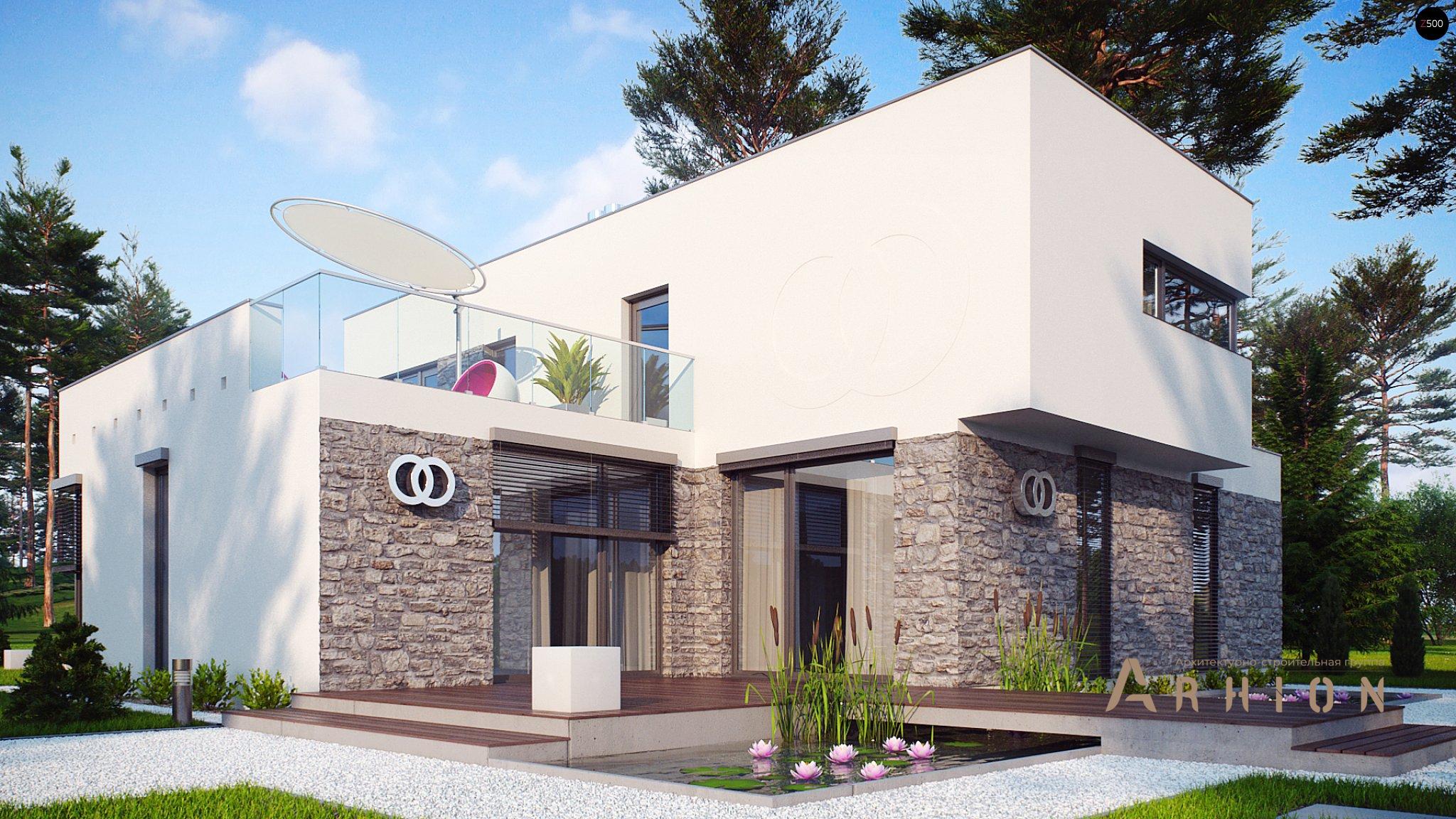 4. Проект двухэтажного дома в стиле хай-тек с плоской кровлей , Zu46, площадью - 234 кв c терассой, балконом, гаражом