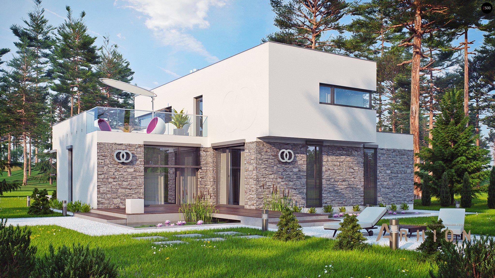 5. Проект двухэтажного дома в стиле хай-тек с плоской кровлей , Zu46, площадью - 234 кв c терассой, балконом, гаражом