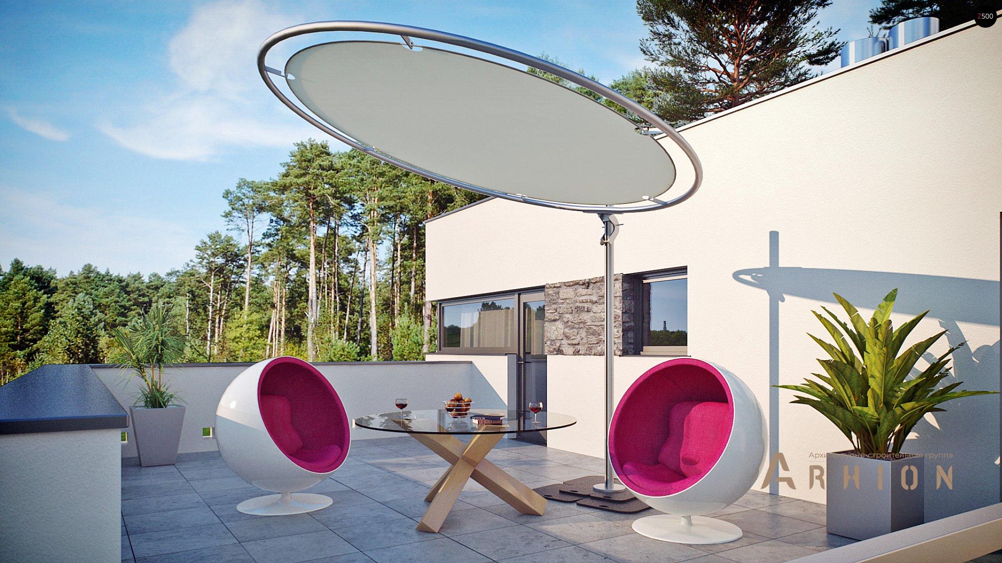 6. Проект двухэтажного дома в стиле хай-тек с плоской кровлей , Zu46, площадью - 234 кв c терассой, балконом, гаражом