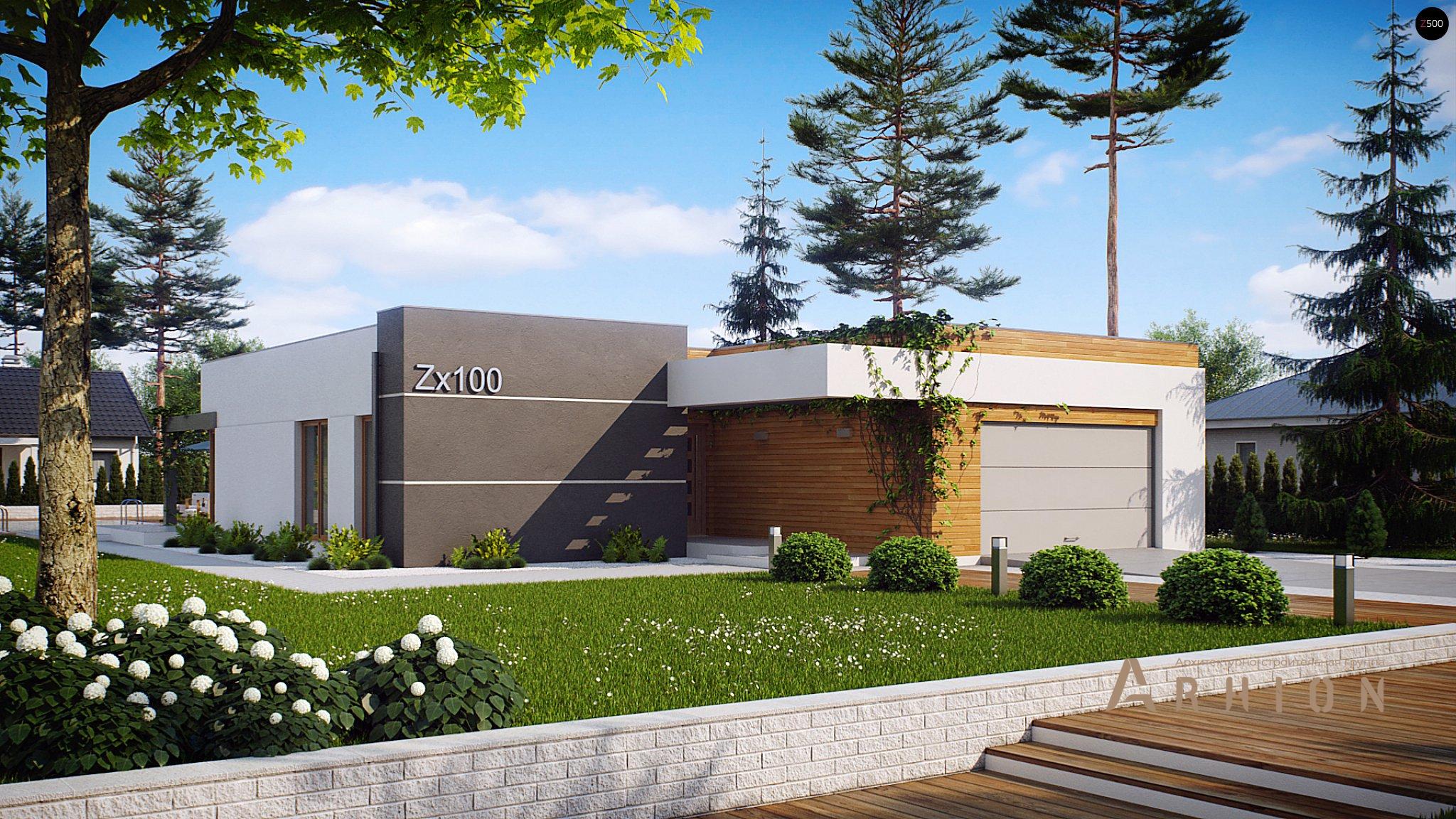 1. Проект одноэтажного дома в стиле минимализм с плоской кровлей , Zx100, площадью - 165 кв c терассой, гаражом