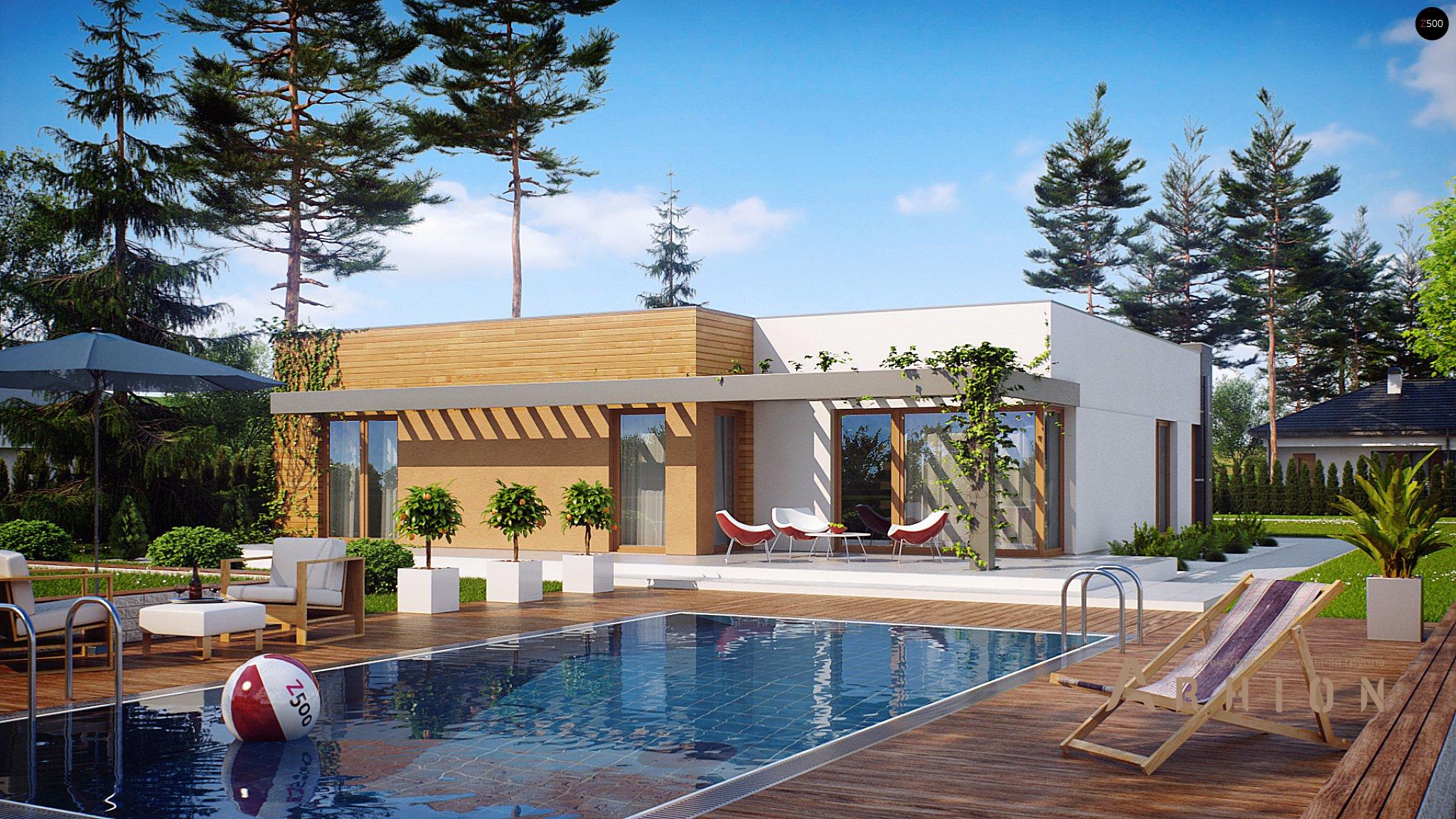 12. Проект одноэтажного дома в стиле минимализм с плоской кровлей , Zx100, площадью - 165 кв c терассой, гаражом