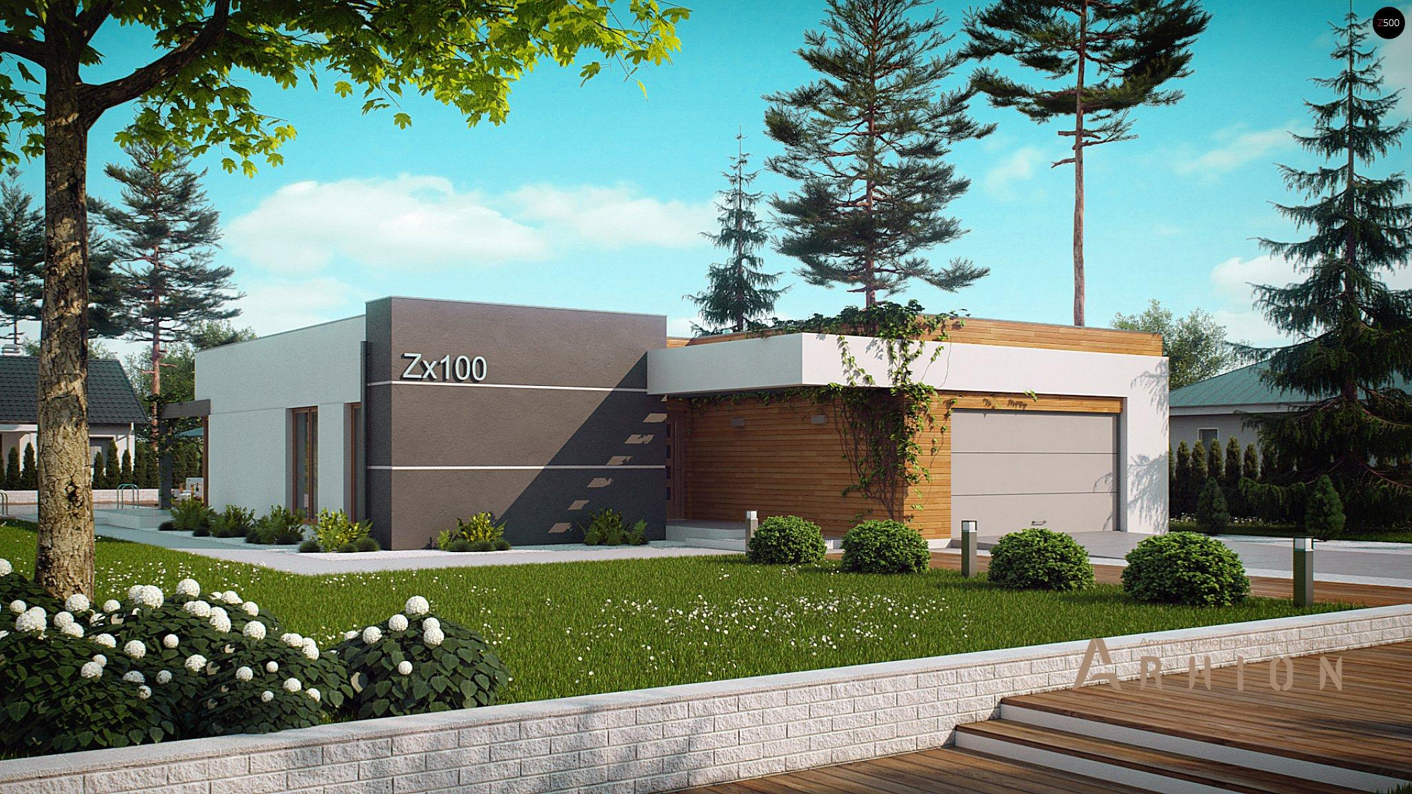 13. Проект одноэтажного дома в стиле минимализм с плоской кровлей , Zx100, площадью - 165 кв c терассой, гаражом