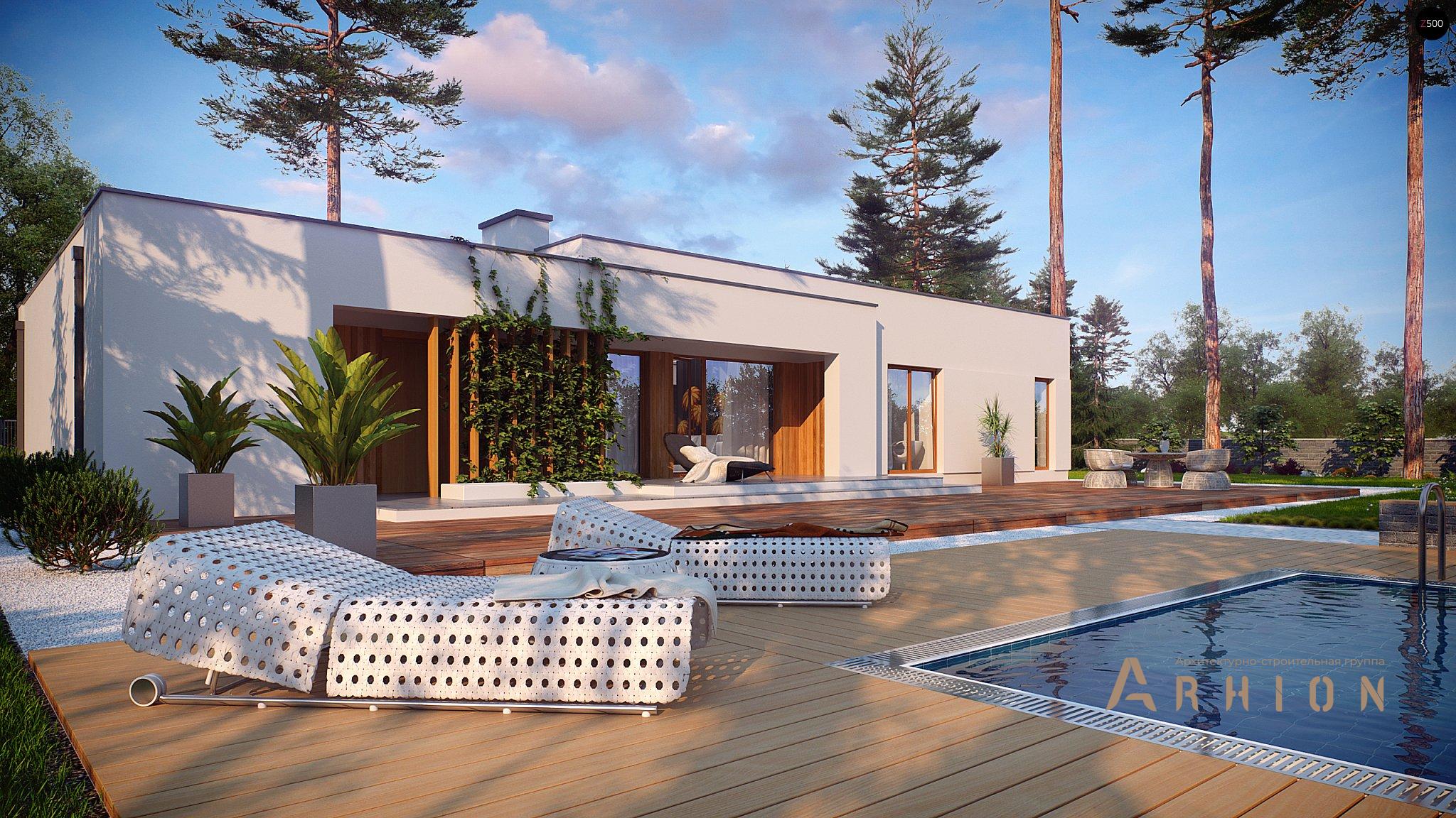 15. Проект одноэтажного дома в стиле минимализм с плоской кровлей , Zx102, площадью - 167 кв c терассой, гаражом