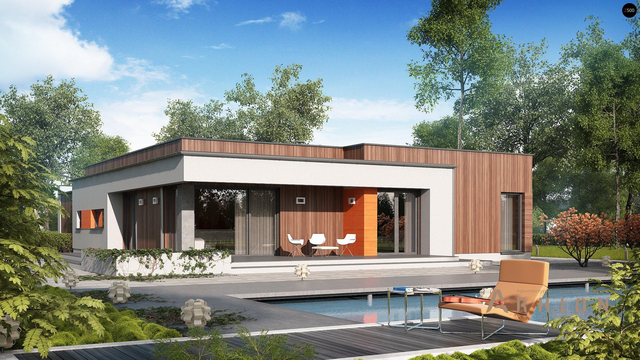 6. Проект одноэтажного дома в стиле минимализм с плоской кровлей , Zx103, площадью - 182 кв c терассой, гаражом