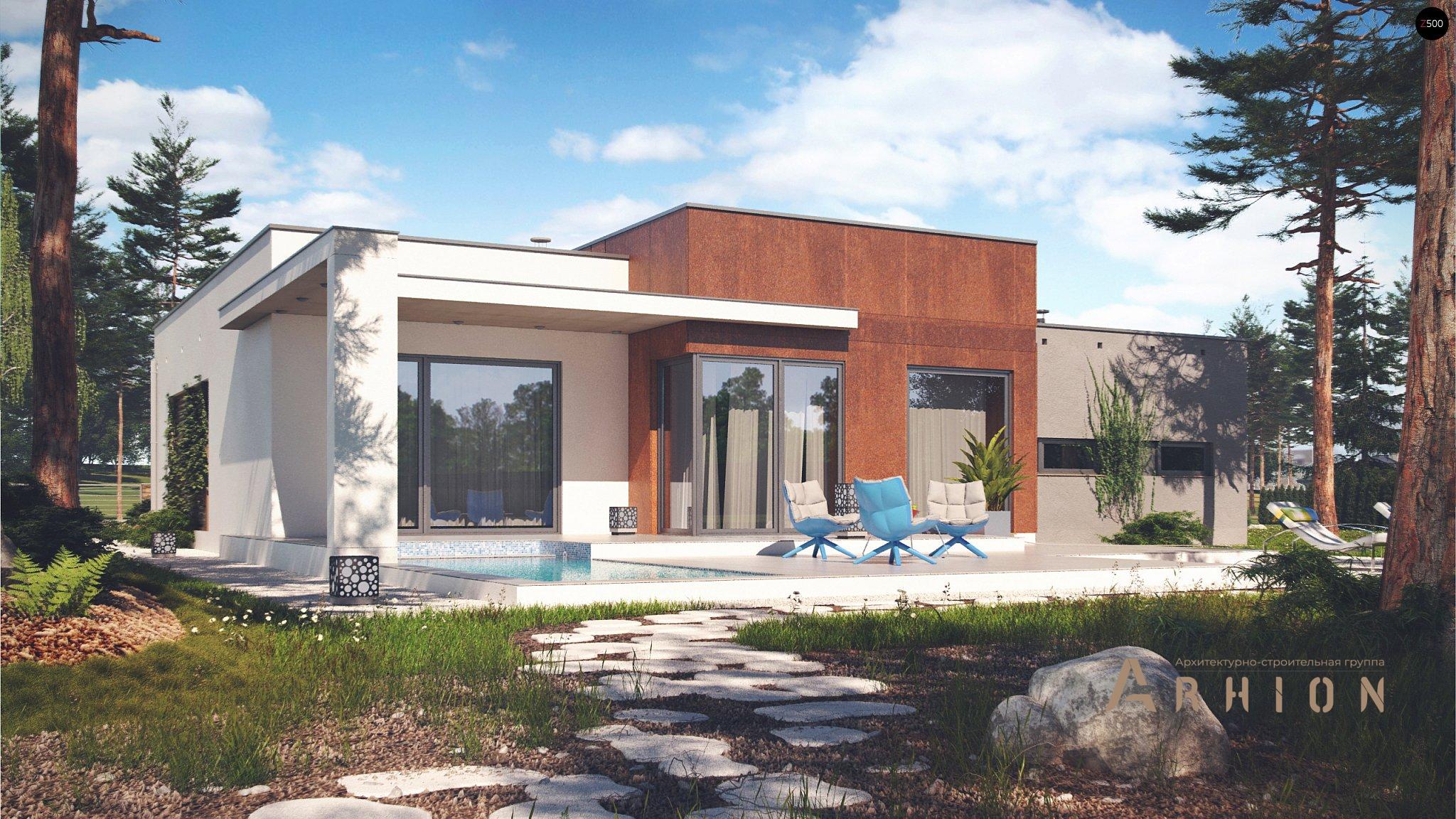 2. Проект одноэтажного дома в стиле хай-тек с плоской кровлей , Zx104, площадью - 164 кв c терассой, гаражом