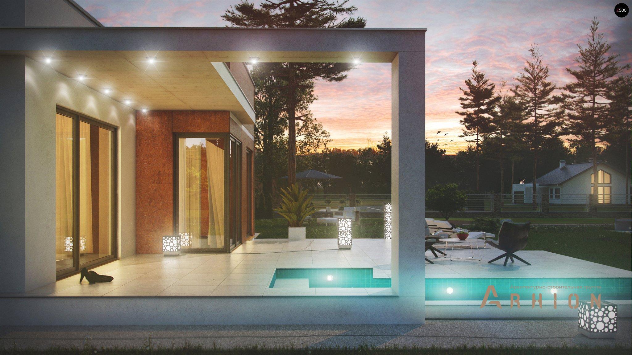 4. Проект одноэтажного дома в стиле хай-тек с плоской кровлей , Zx104, площадью - 164 кв c терассой, гаражом