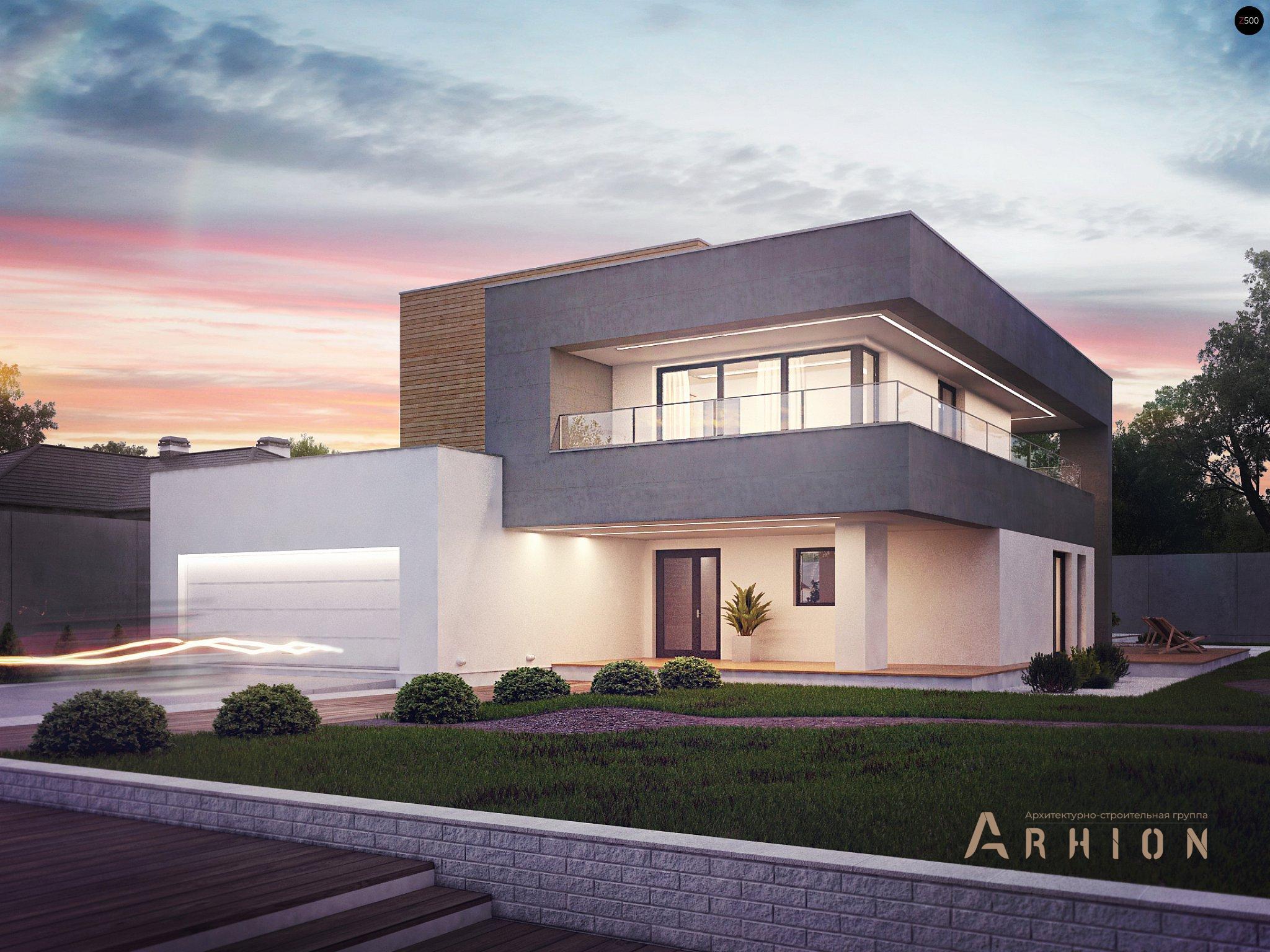 1. Проект двухэтажного дома в стиле хай-тек с плоской кровлей , Zx108, площадью - 323 кв c терассой, балконом, гаражом, вторым светом