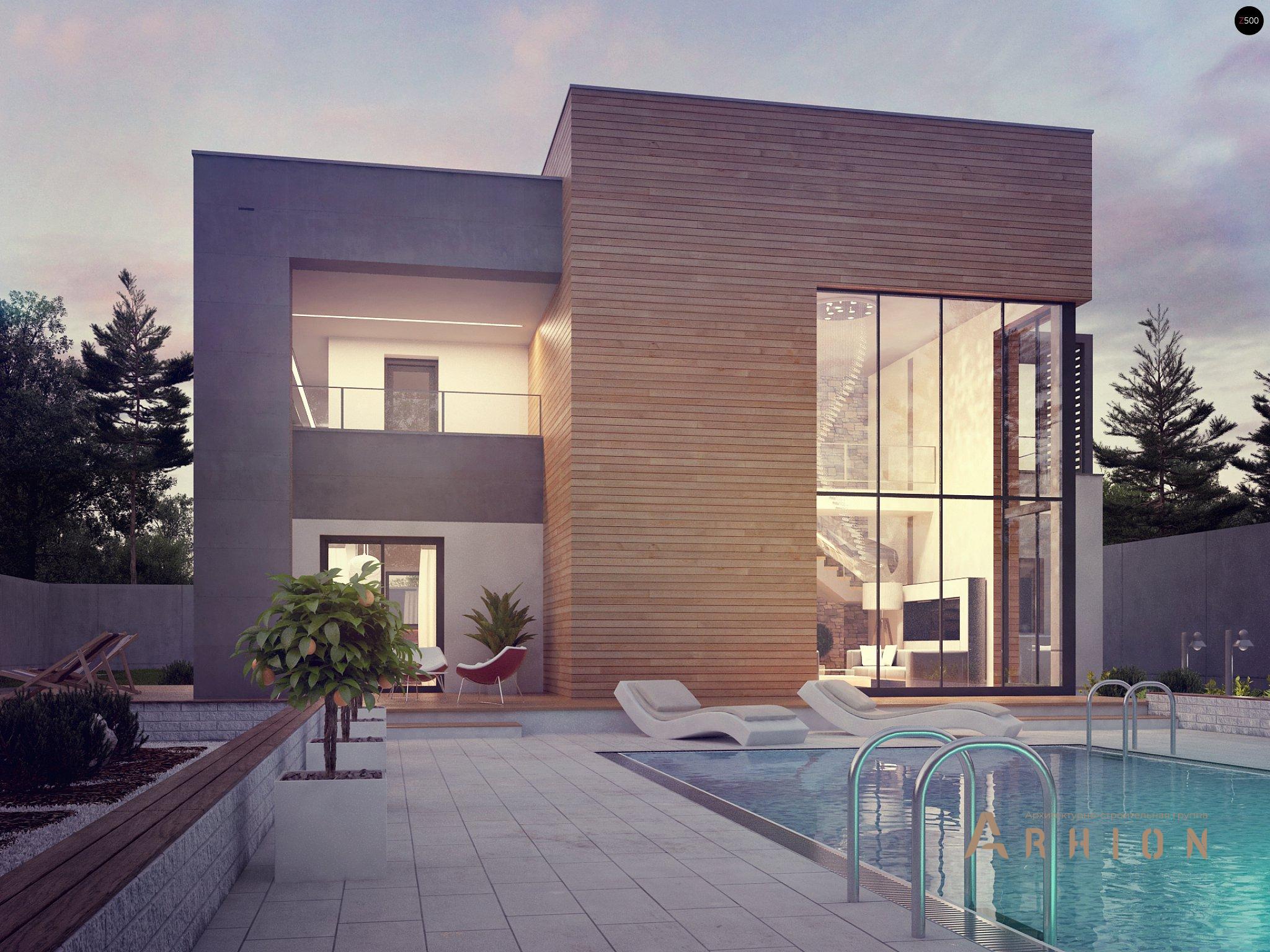 3. Проект двухэтажного дома в стиле хай-тек с плоской кровлей , Zx108, площадью - 323 кв c терассой, балконом, гаражом, вторым светом