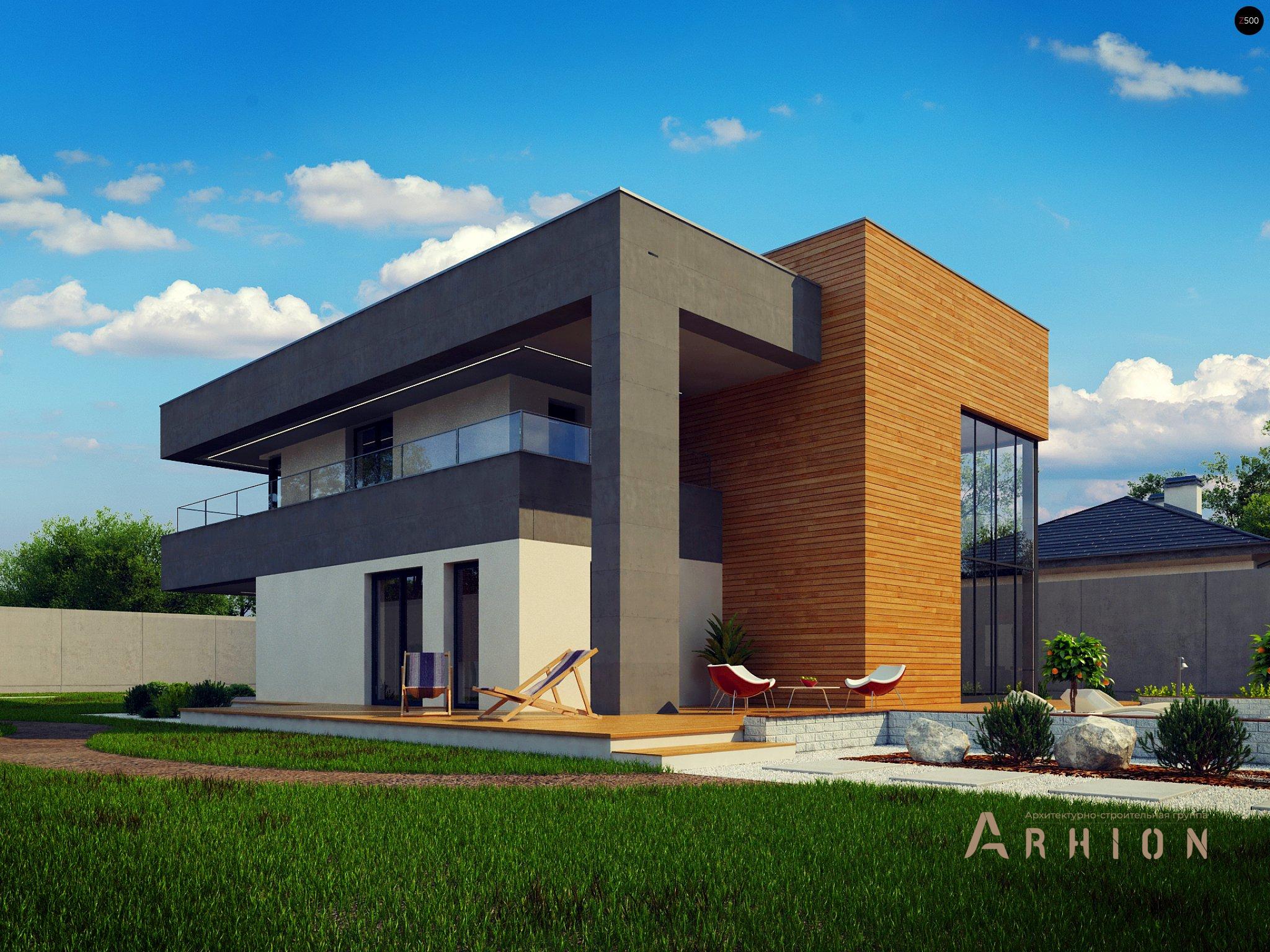 6. Проект двухэтажного дома в стиле хай-тек с плоской кровлей , Zx108, площадью - 323 кв c терассой, балконом, гаражом, вторым светом