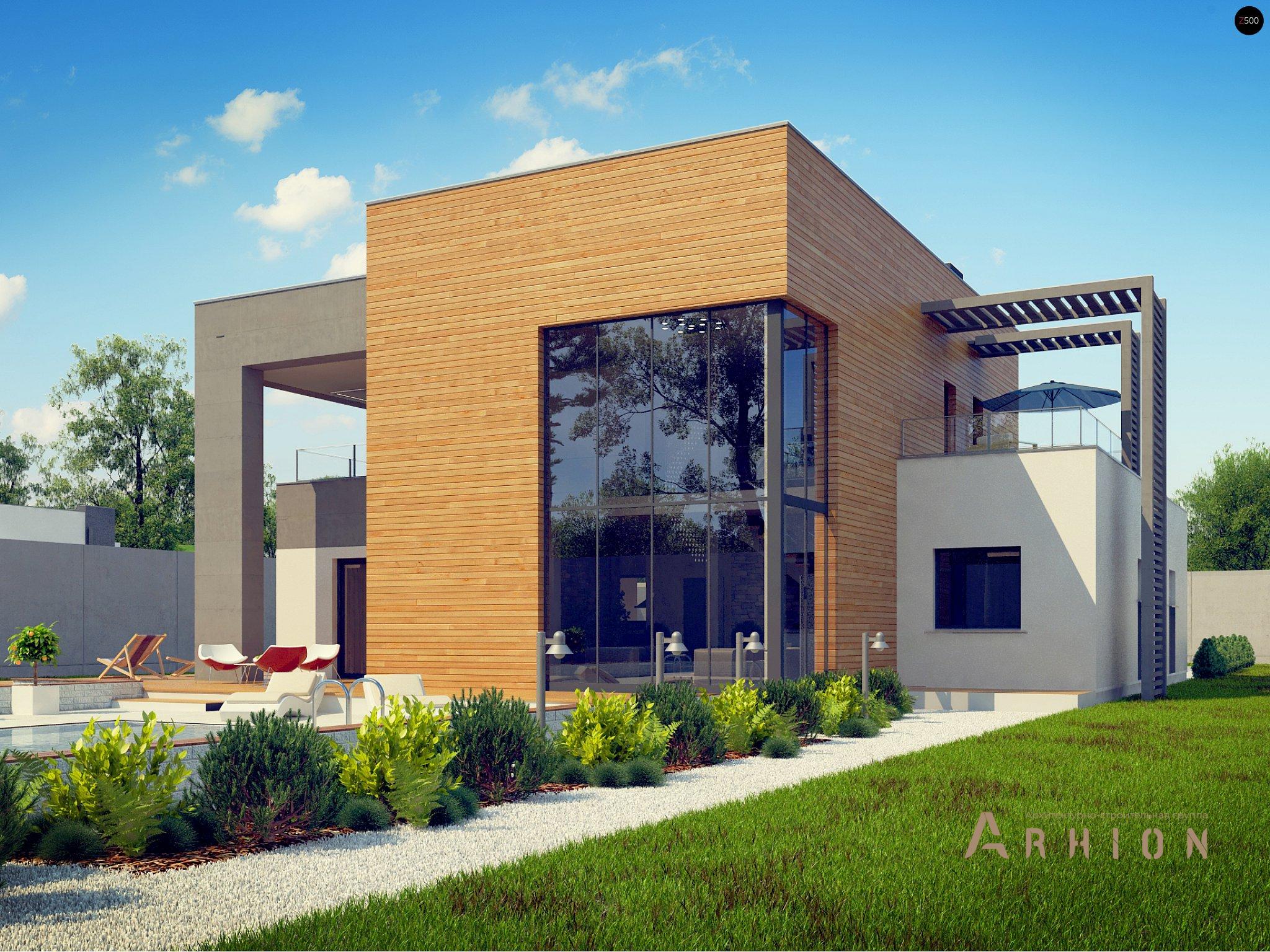 8. Проект двухэтажного дома в стиле хай-тек с плоской кровлей , Zx108, площадью - 323 кв c терассой, балконом, гаражом, вторым светом