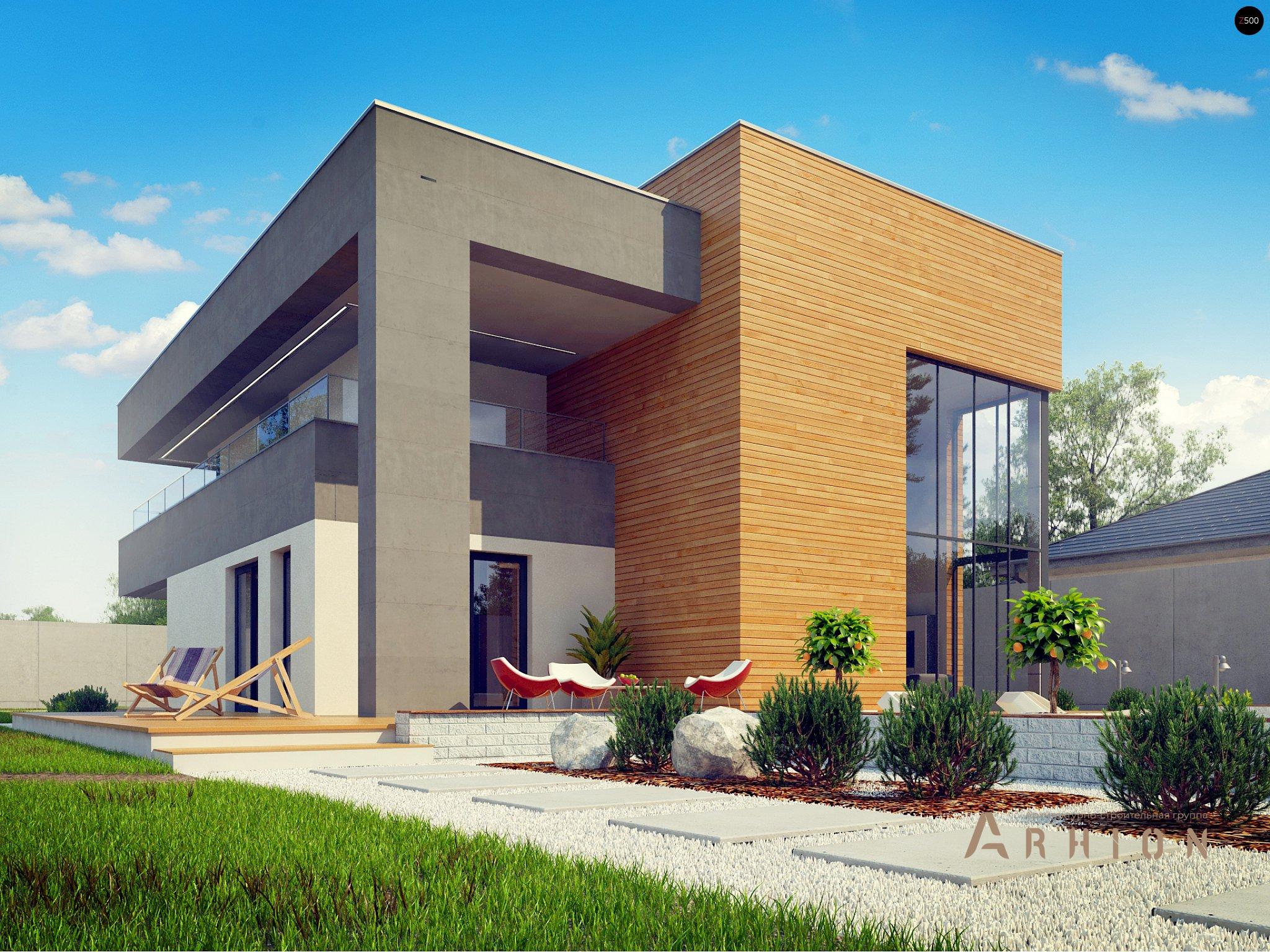 9. Проект двухэтажного дома в стиле хай-тек с плоской кровлей , Zx108, площадью - 323 кв c терассой, балконом, гаражом, вторым светом