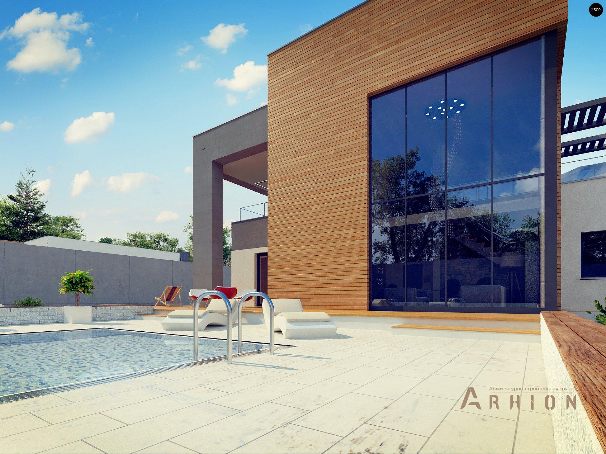 10. Проект двухэтажного дома в стиле хай-тек с плоской кровлей , Zx108, площадью - 323 кв c терассой, балконом, гаражом, вторым светом