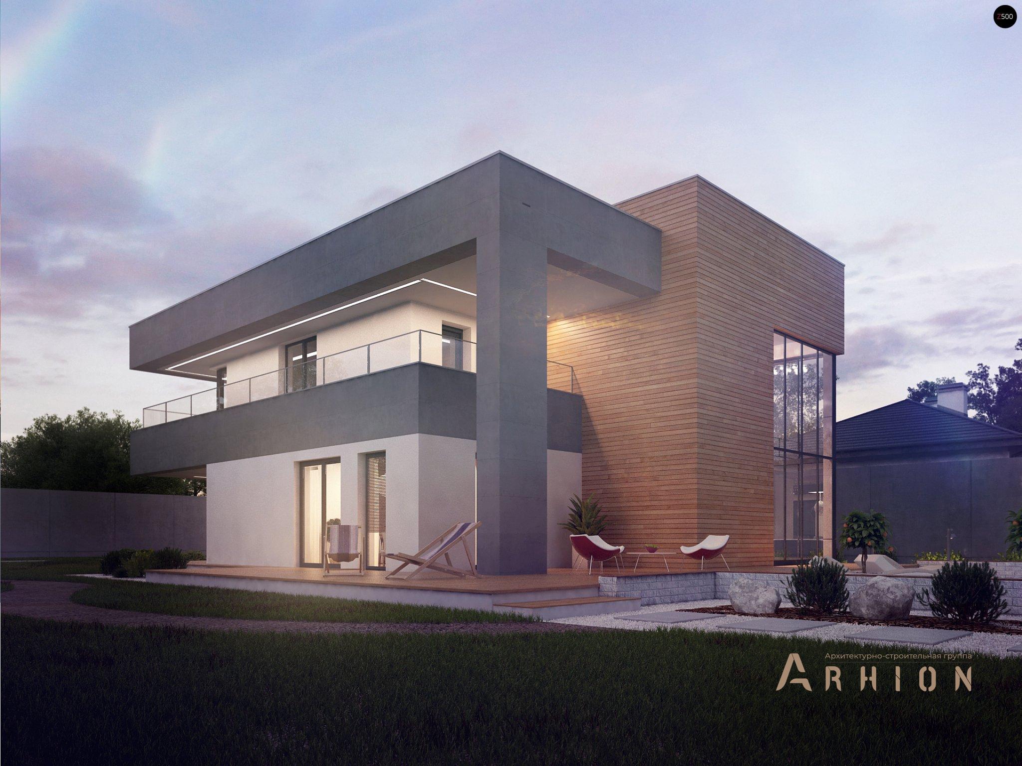 12. Проект двухэтажного дома в стиле хай-тек с плоской кровлей , Zx108, площадью - 323 кв c терассой, балконом, гаражом, вторым светом