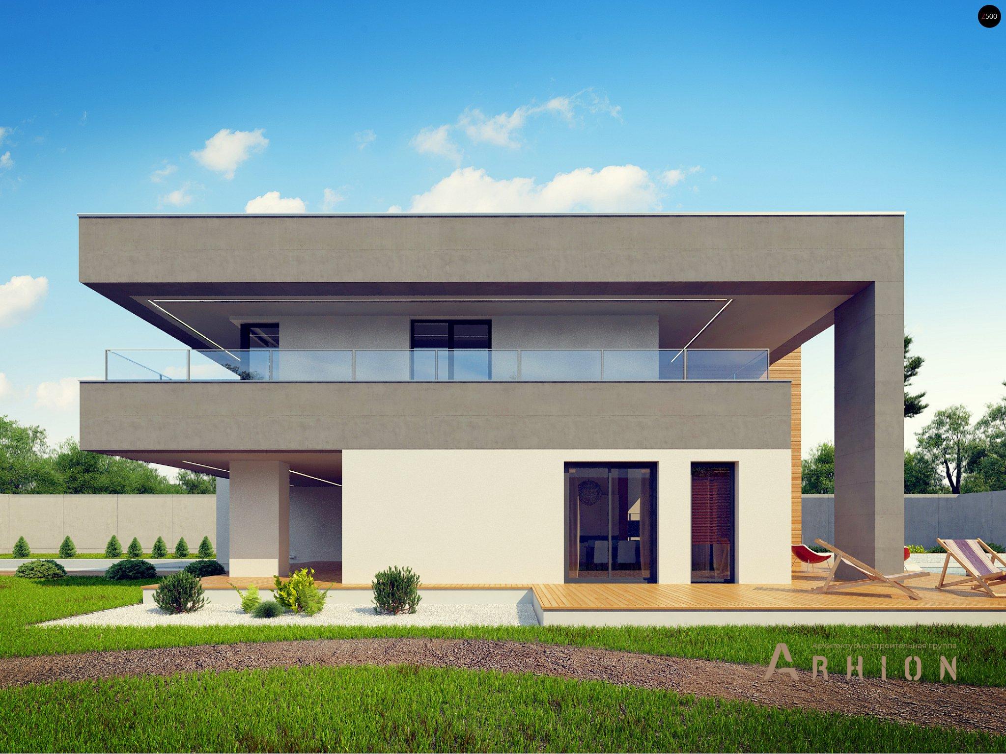 14. Проект двухэтажного дома в стиле хай-тек с плоской кровлей , Zx108, площадью - 323 кв c терассой, балконом, гаражом, вторым светом