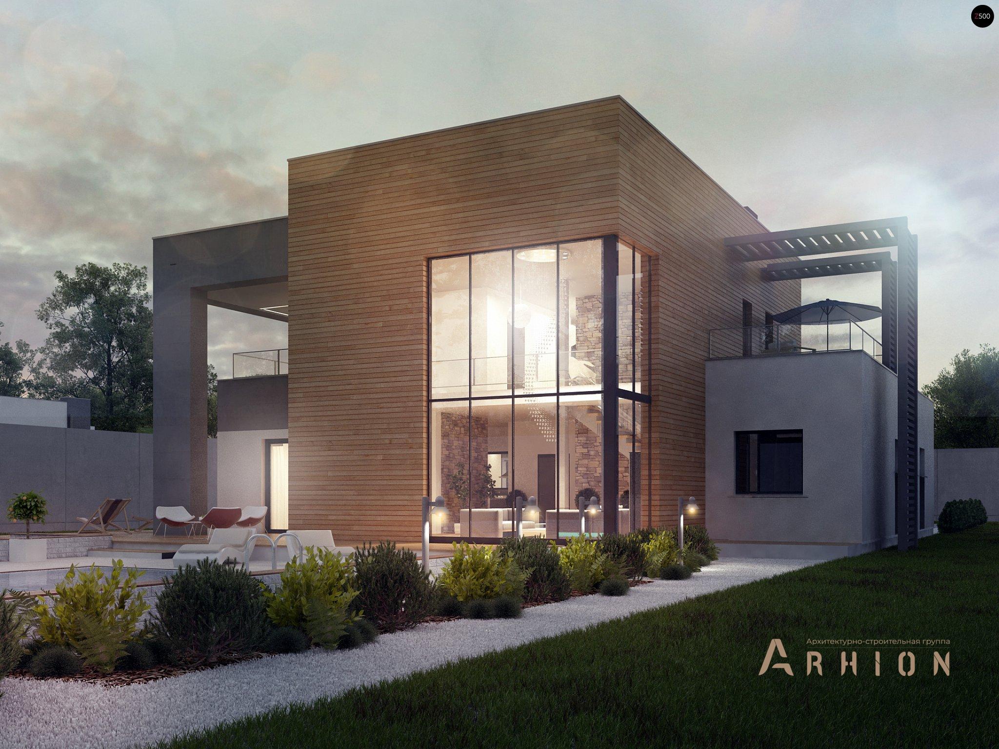 15. Проект двухэтажного дома в стиле хай-тек с плоской кровлей , Zx108, площадью - 323 кв c терассой, балконом, гаражом, вторым светом