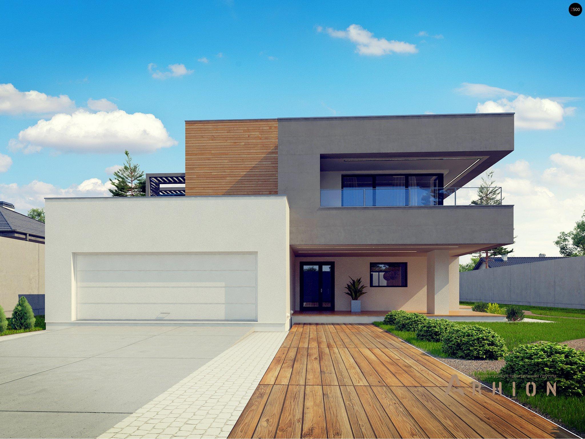 16. Проект двухэтажного дома в стиле хай-тек с плоской кровлей , Zx108, площадью - 323 кв c терассой, балконом, гаражом, вторым светом