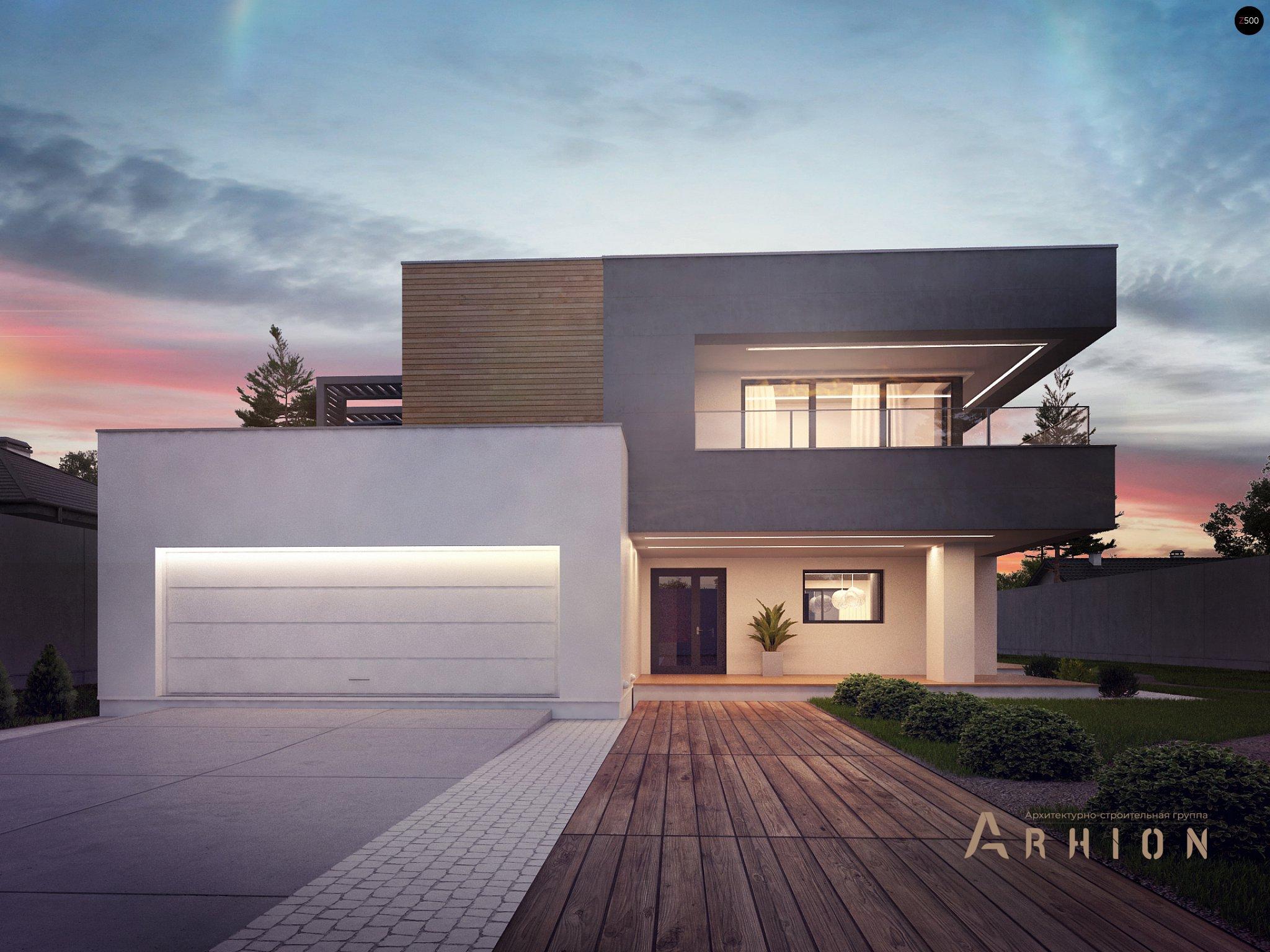 17. Проект двухэтажного дома в стиле хай-тек с плоской кровлей , Zx108, площадью - 323 кв c терассой, балконом, гаражом, вторым светом