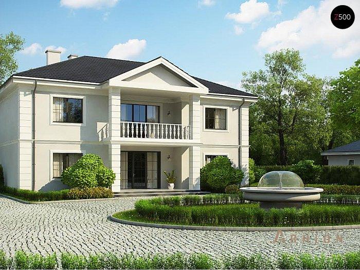 1. Проект двухэтажного дома в современном классическом стиле с четырехскатной, Zx113, площадью - 355 кв c сауной, терассой, балконом, эркером