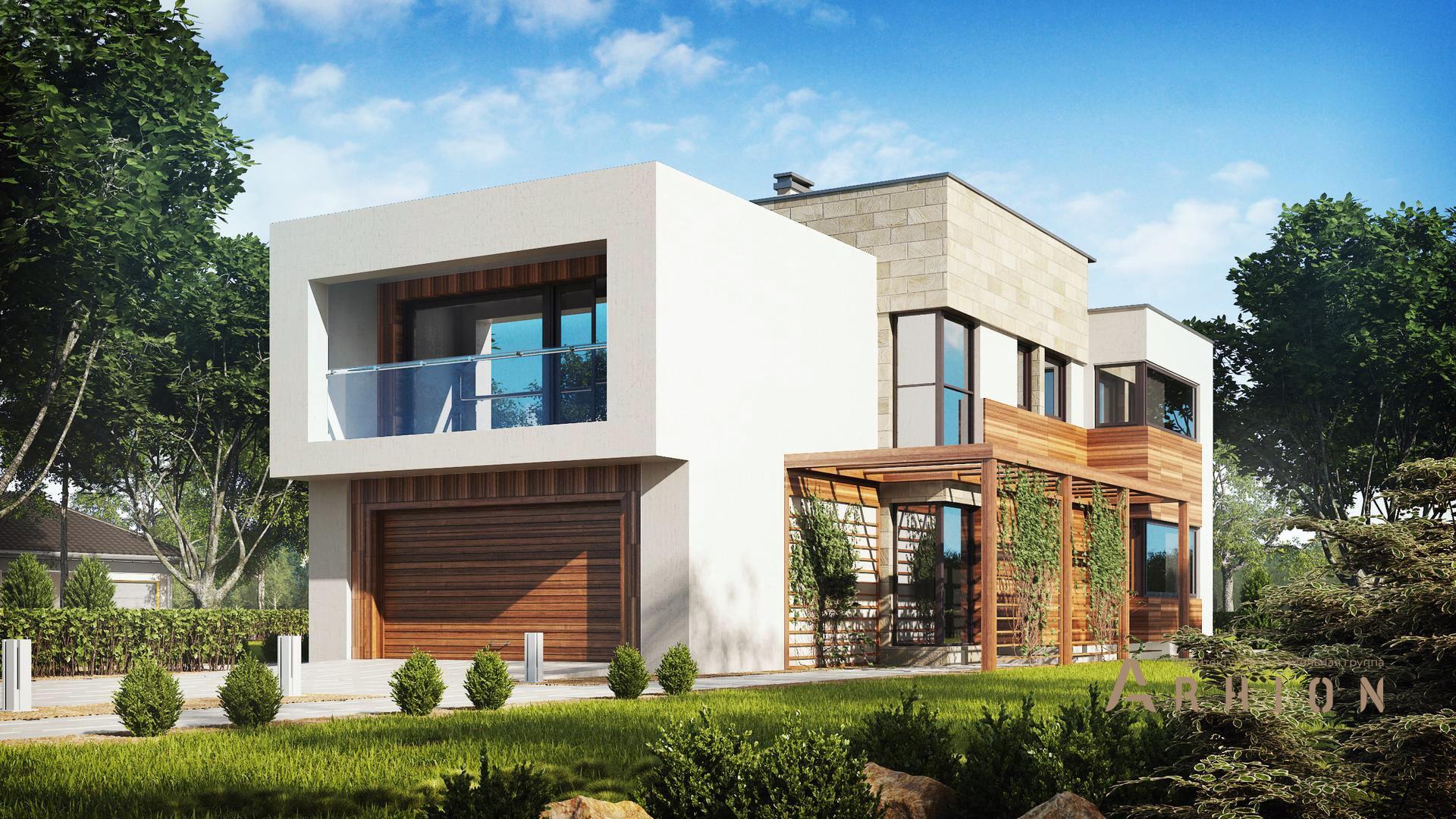 1. Проект двухэтажного дома в стиле хай-тек с плоской кровлей , Zx114, площадью - 219 кв c терассой, балконом, гаражом