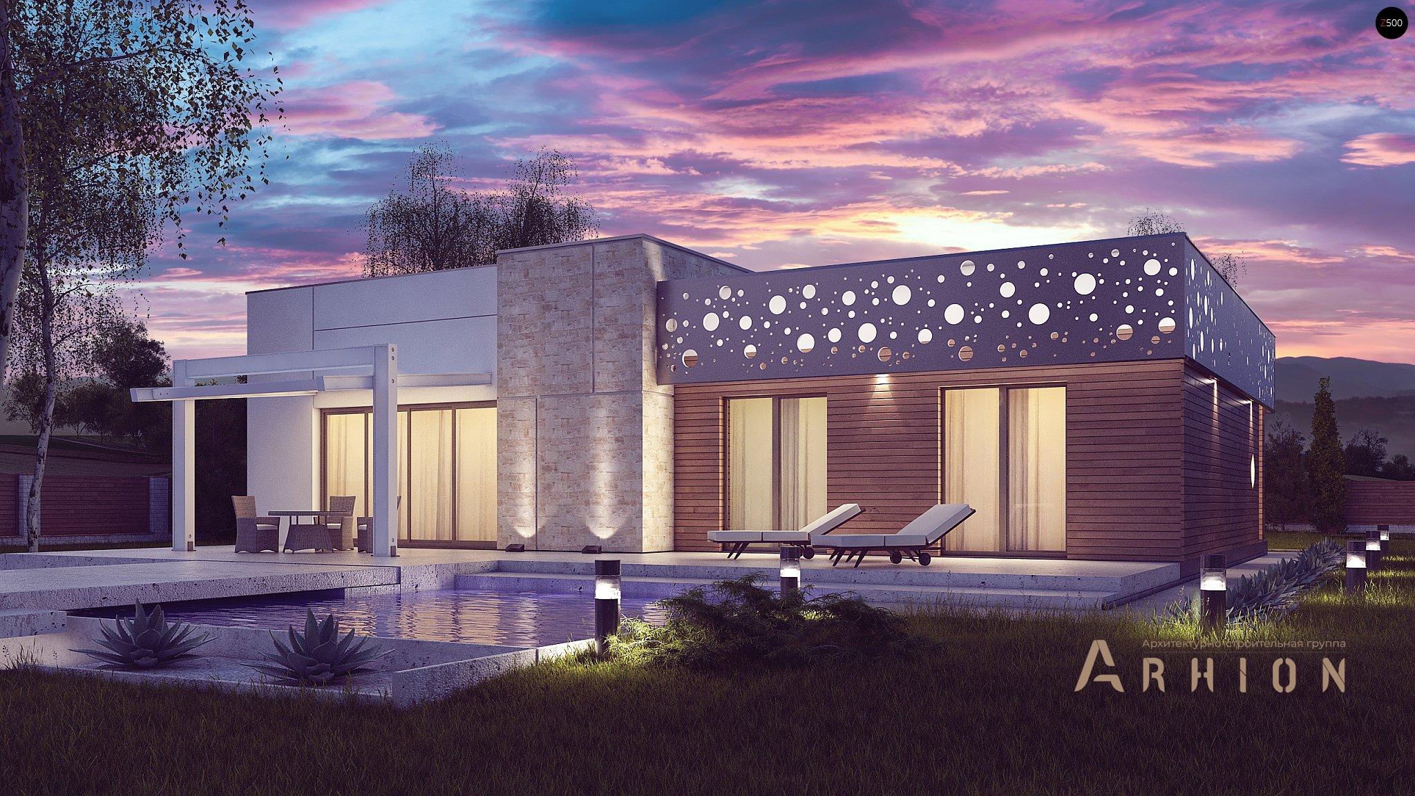 2. Проект одноэтажного дома в стиле минимализм с плоской кровлей , Zx115, площадью - 132 кв c терассой