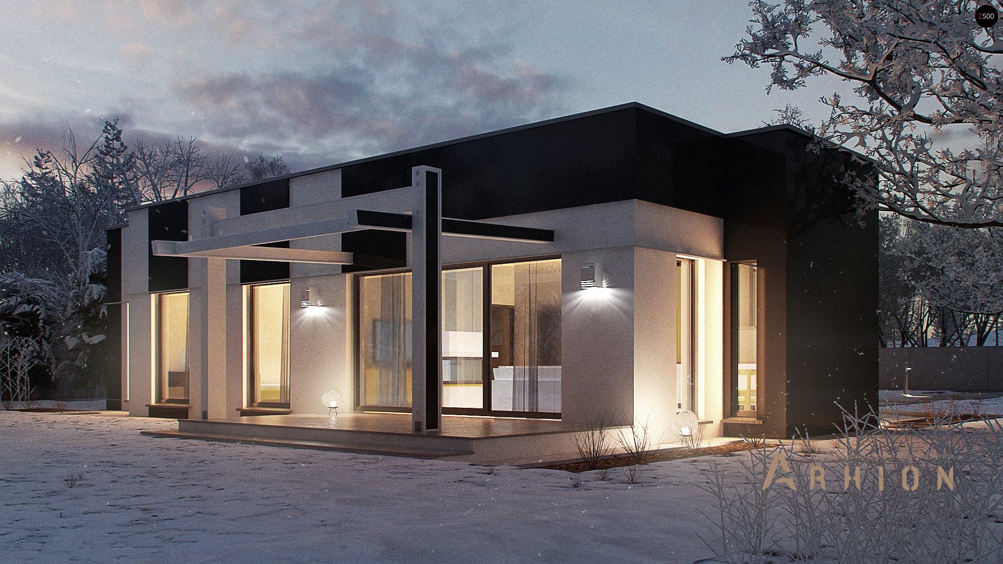 8. Проект одноэтажного дома в современном стиле с плоской кровлей , Zx116, площадью - 121 кв c терассой, эркером