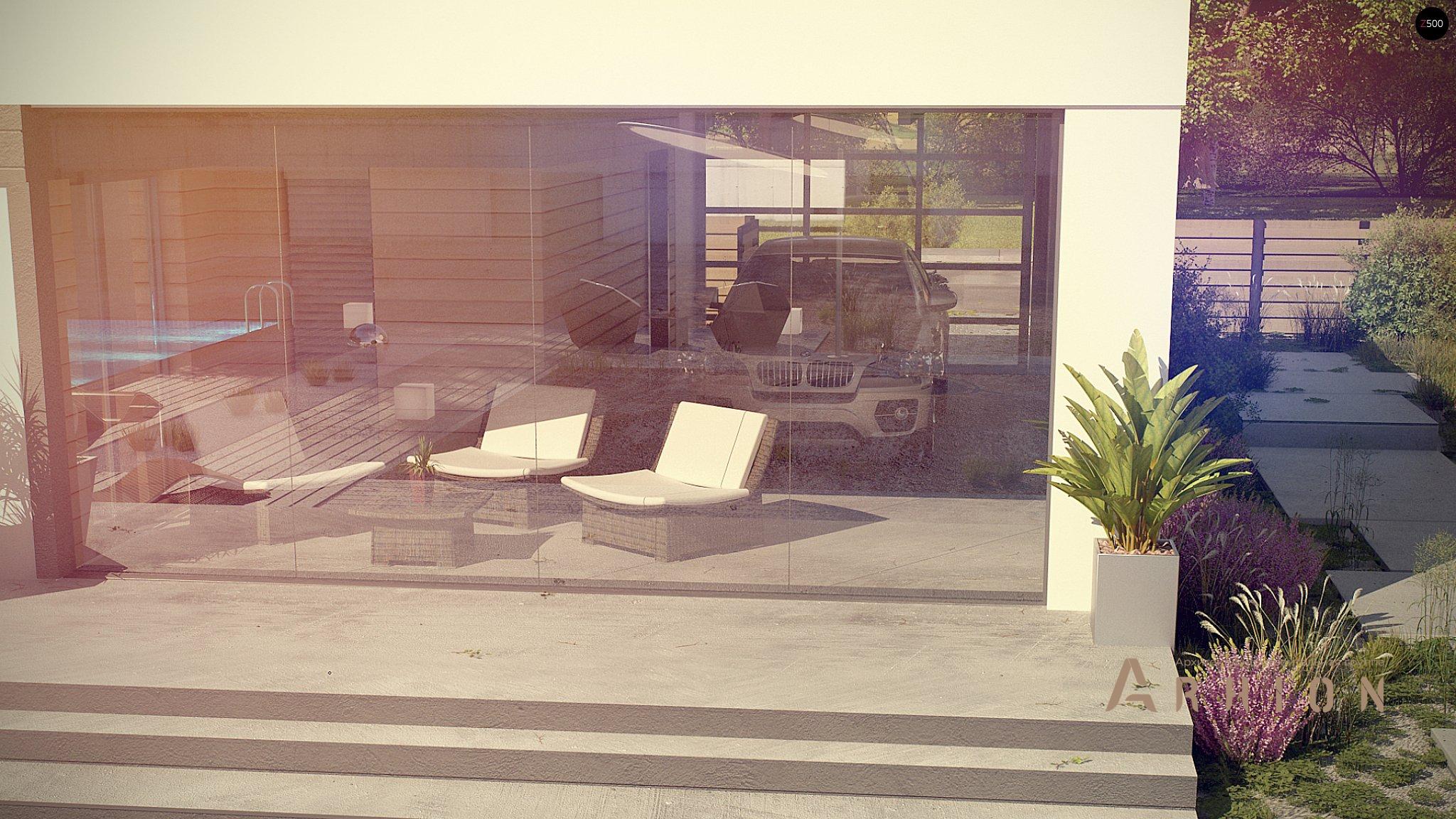 2. Проект одноэтажного дома в современном стиле с плоской кровлей , Zx117, площадью - 100 кв c терассой, гаражом