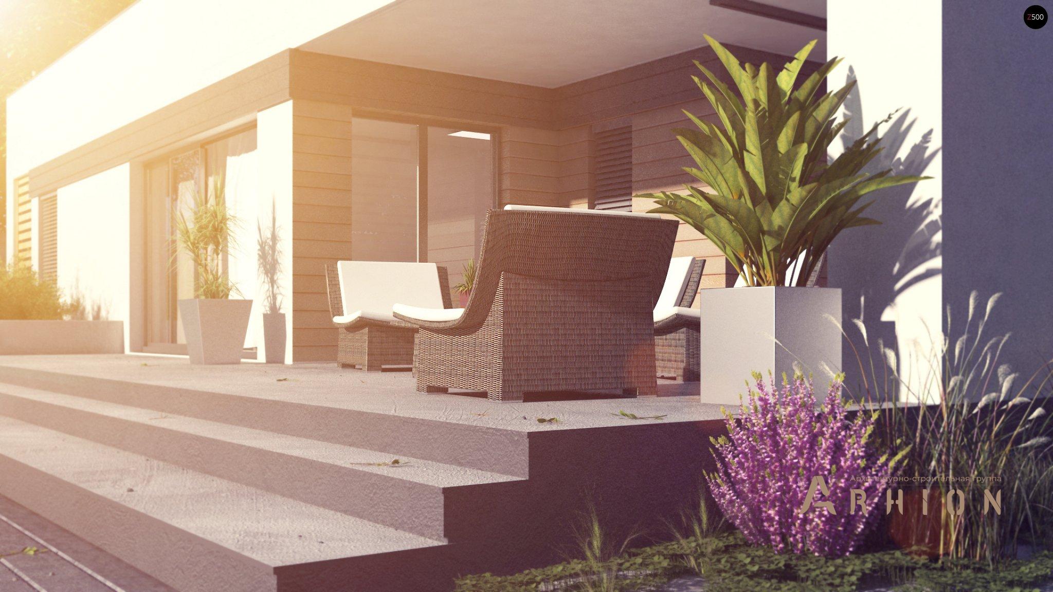 7. Проект одноэтажного дома в современном стиле с плоской кровлей , Zx117, площадью - 100 кв c терассой, гаражом