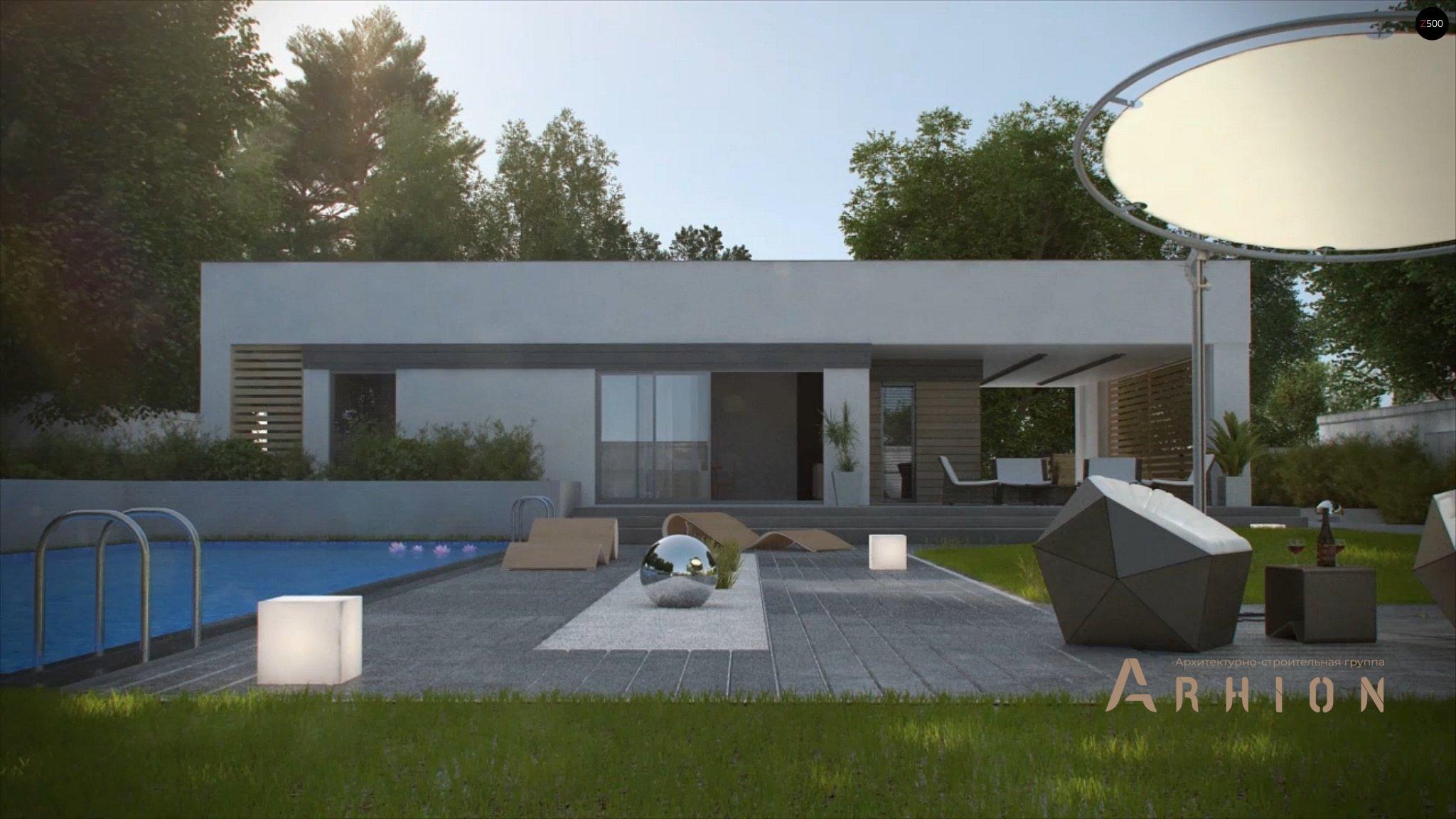 9. Проект одноэтажного дома в современном стиле с плоской кровлей , Zx117, площадью - 100 кв c терассой, гаражом