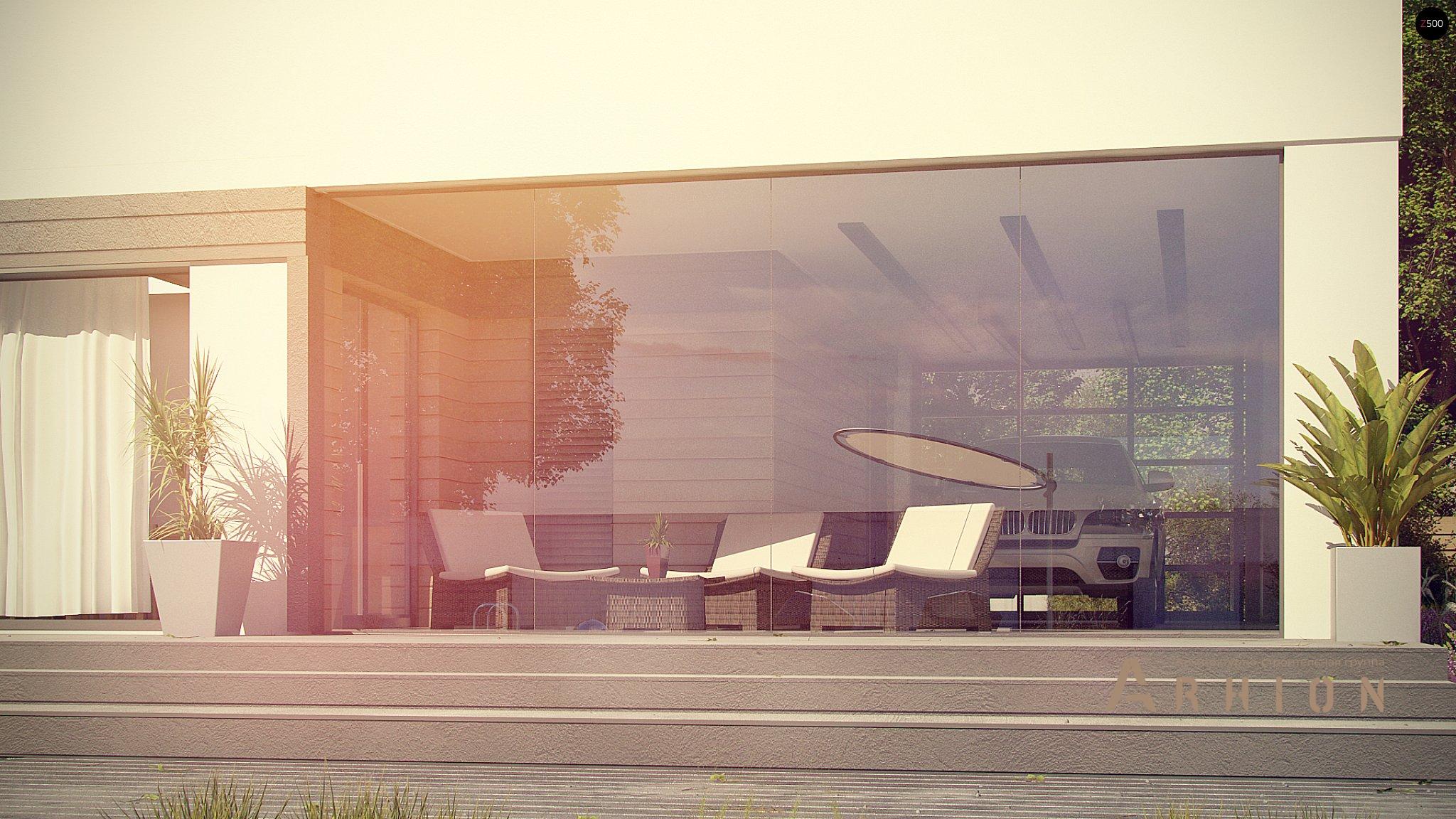 10. Проект одноэтажного дома в современном стиле с плоской кровлей , Zx117, площадью - 100 кв c терассой, гаражом