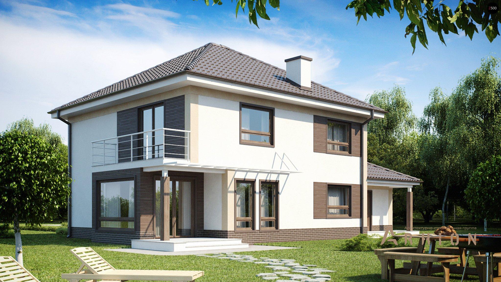 1. Проект двухэтажного дома в современном стиле с четырехскатной, Zx12, площадью - 206 кв c терассой, балконом, гаражом