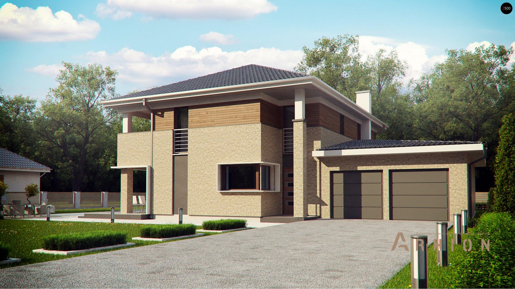 1. Проект двухэтажного дома в современном стиле с четырехскатной, Zx122, площадью - 266 кв c сауной, терассой, балконом, гаражом