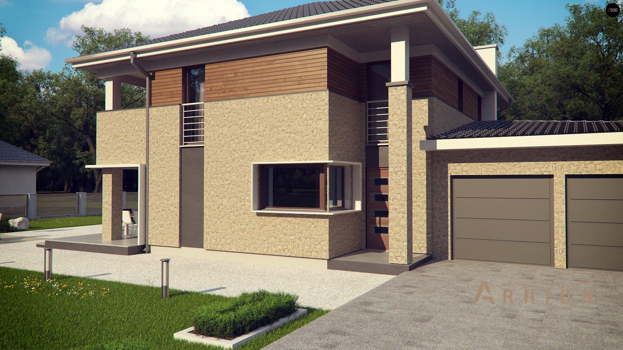 2. Проект двухэтажного дома в современном стиле с четырехскатной, Zx122, площадью - 266 кв c сауной, терассой, балконом, гаражом