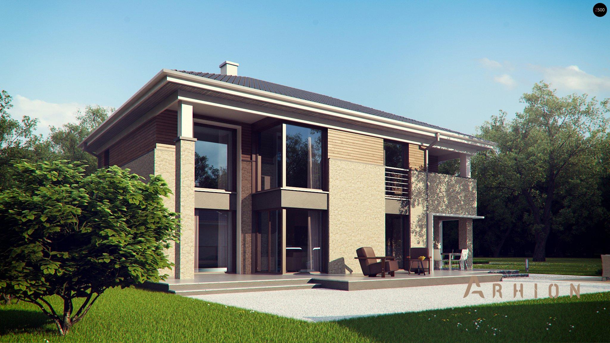 6. Проект двухэтажного дома в современном стиле с четырехскатной, Zx122, площадью - 266 кв c сауной, терассой, балконом, гаражом