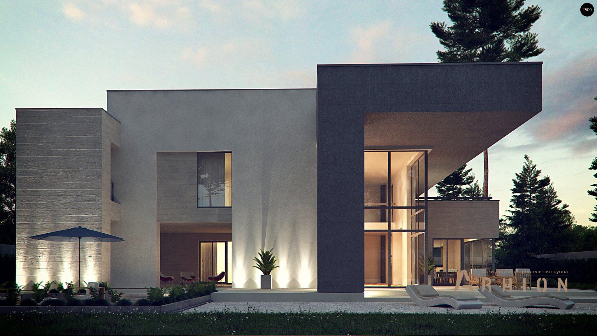 5. Проект двухэтажного дома в стиле хай-тек с плоской кровлей , Zx127, площадью - 312 кв c терассой, гаражом, вторым светом