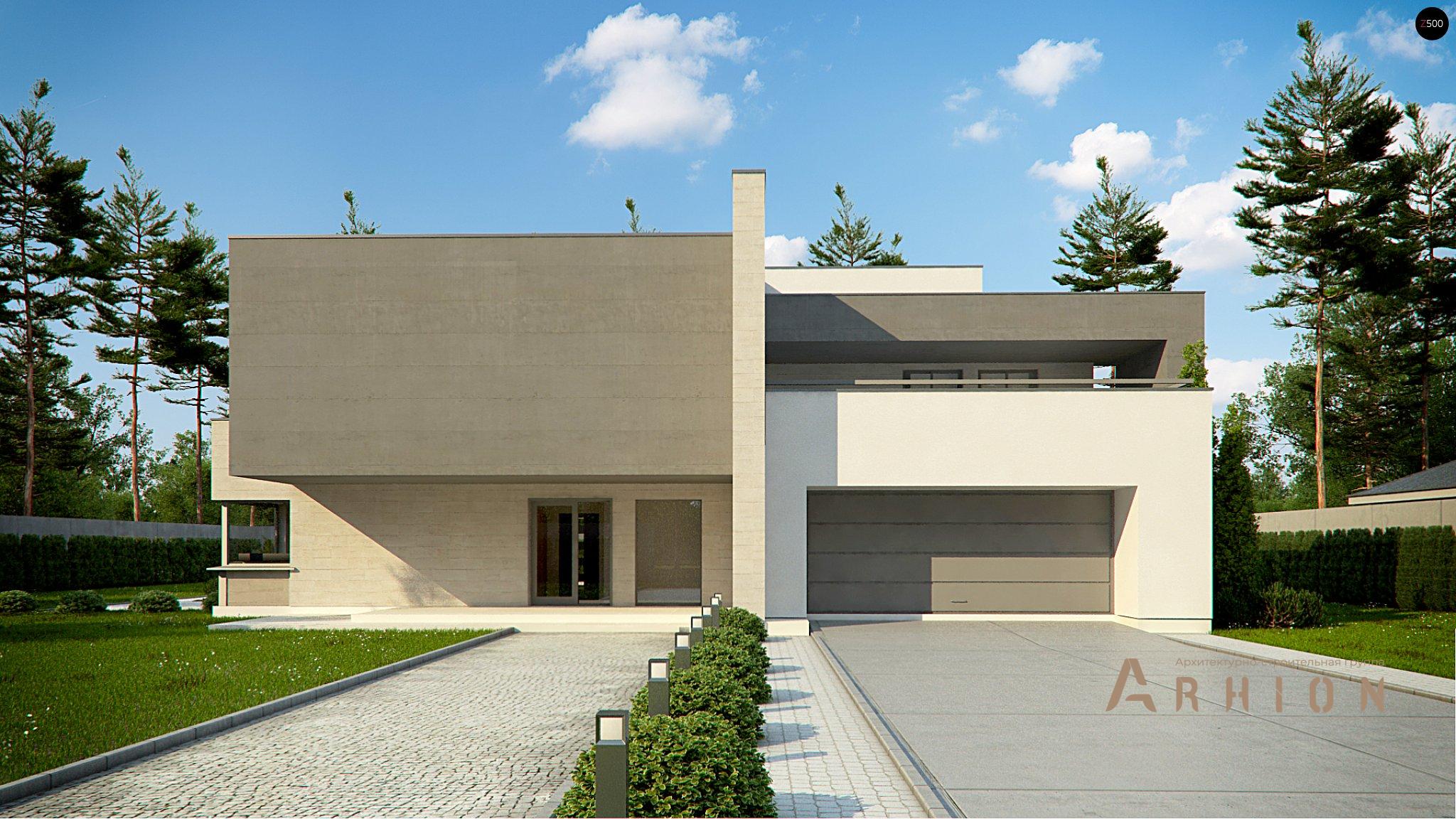 10. Проект двухэтажного дома в стиле хай-тек с плоской кровлей , Zx127, площадью - 312 кв c терассой, гаражом, вторым светом