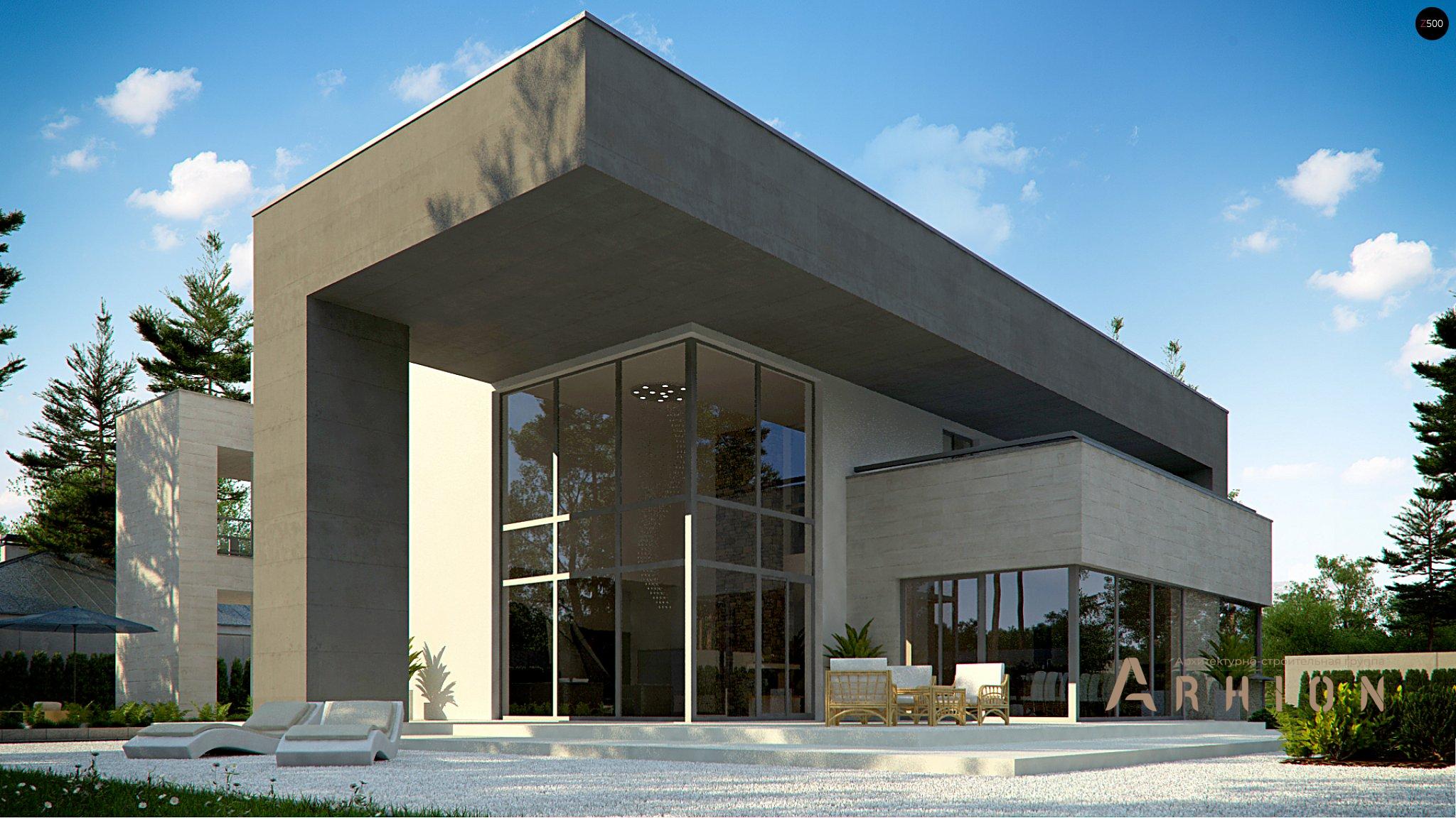 13. Проект двухэтажного дома в стиле хай-тек с плоской кровлей , Zx127, площадью - 312 кв c терассой, гаражом, вторым светом