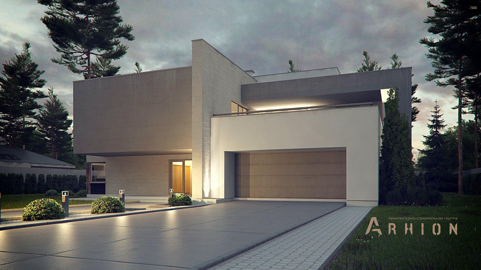 16. Проект двухэтажного дома в стиле хай-тек с плоской кровлей , Zx127, площадью - 312 кв c терассой, гаражом, вторым светом