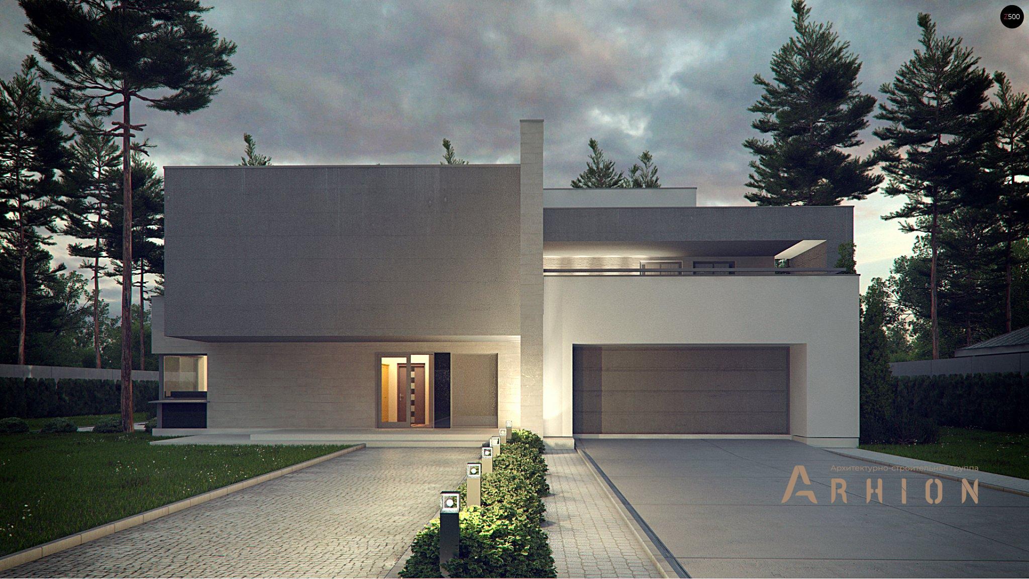 17. Проект двухэтажного дома в стиле хай-тек с плоской кровлей , Zx127, площадью - 312 кв c терассой, гаражом, вторым светом