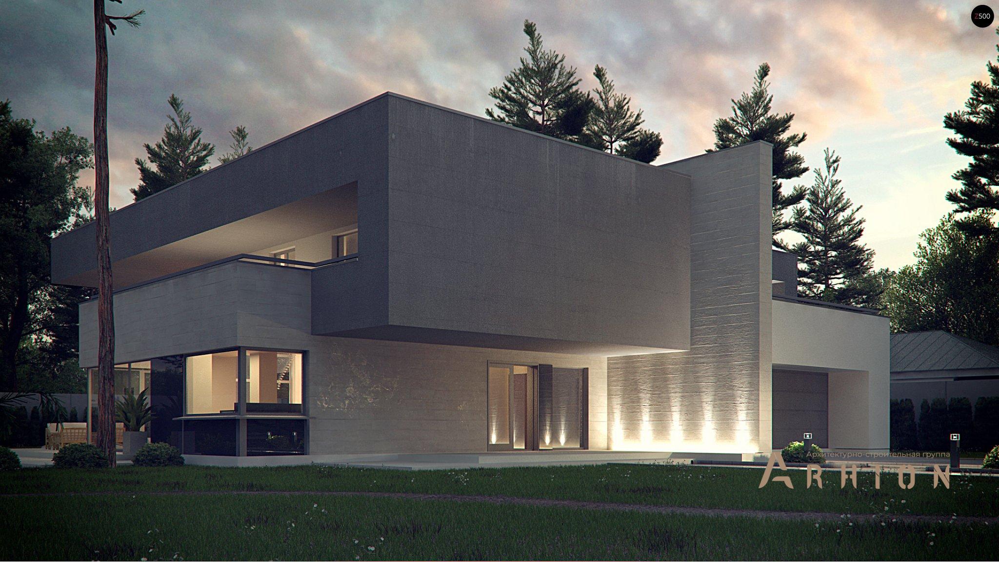 18. Проект двухэтажного дома в стиле хай-тек с плоской кровлей , Zx127, площадью - 312 кв c терассой, гаражом, вторым светом