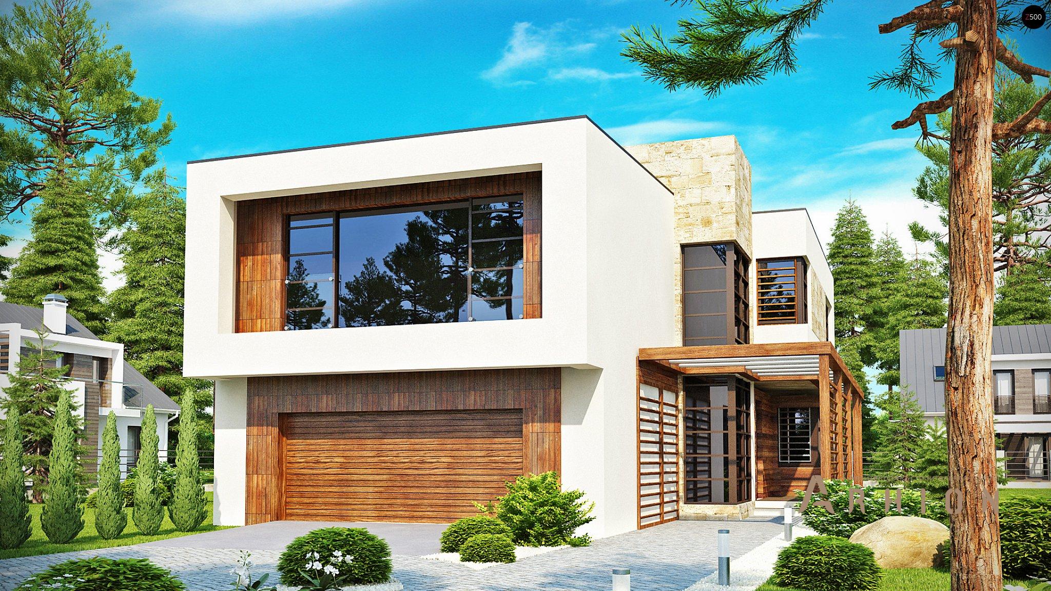 1. Проект двухэтажного дома в стиле хай-тек с плоской кровлей , Zx14, площадью - 238 кв c терассой, балконом, гаражом