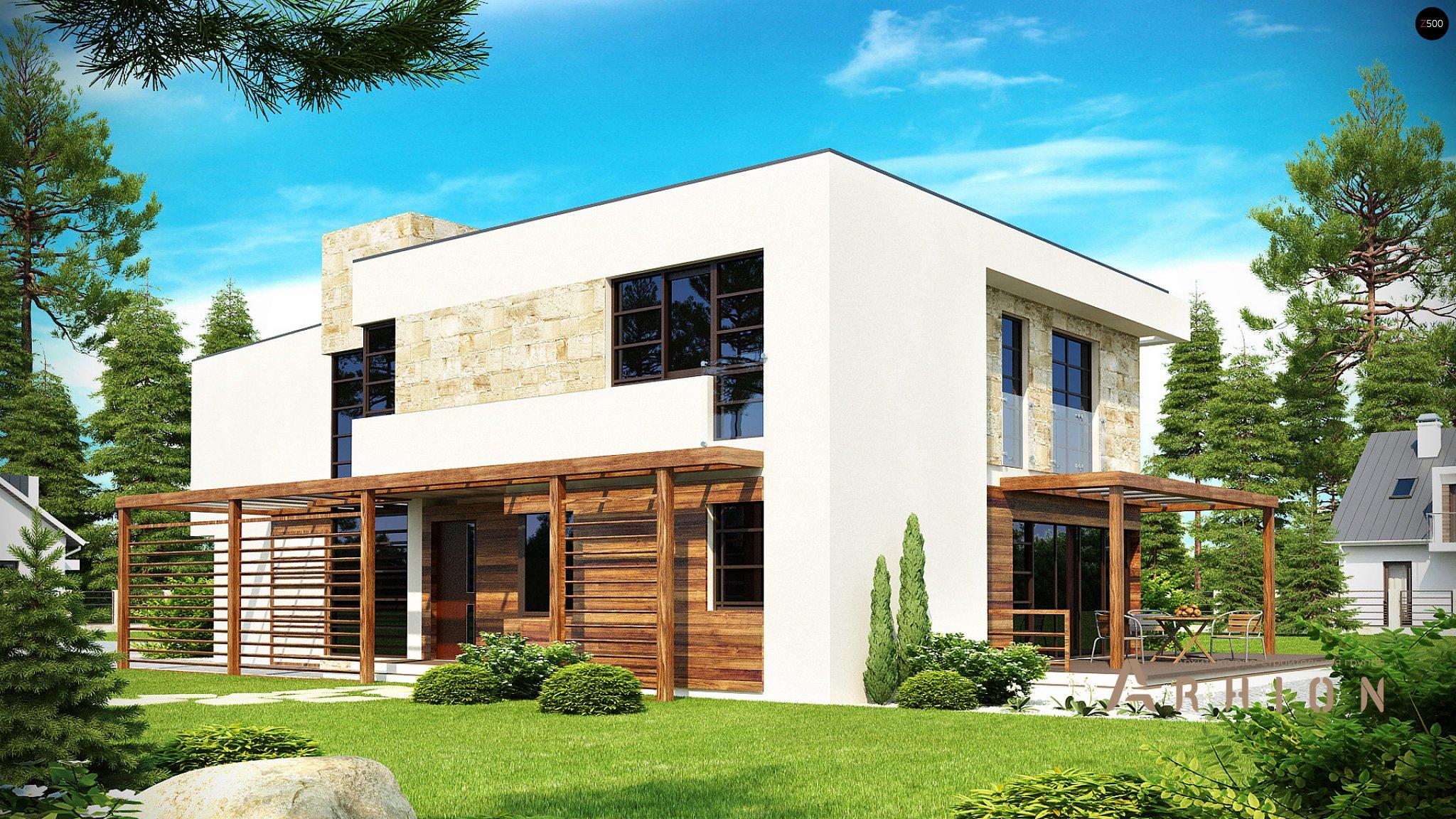 4. Проект двухэтажного дома в стиле хай-тек с плоской кровлей , Zx14, площадью - 238 кв c терассой, балконом, гаражом