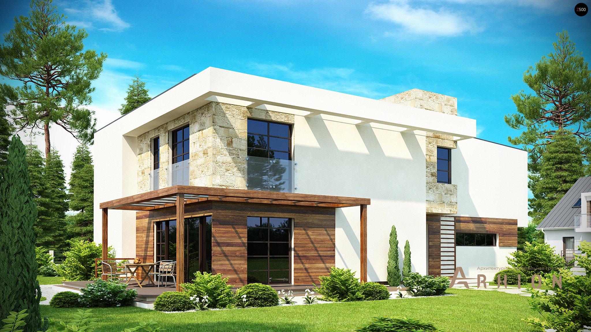 5. Проект двухэтажного дома в стиле хай-тек с плоской кровлей , Zx14, площадью - 238 кв c терассой, балконом, гаражом