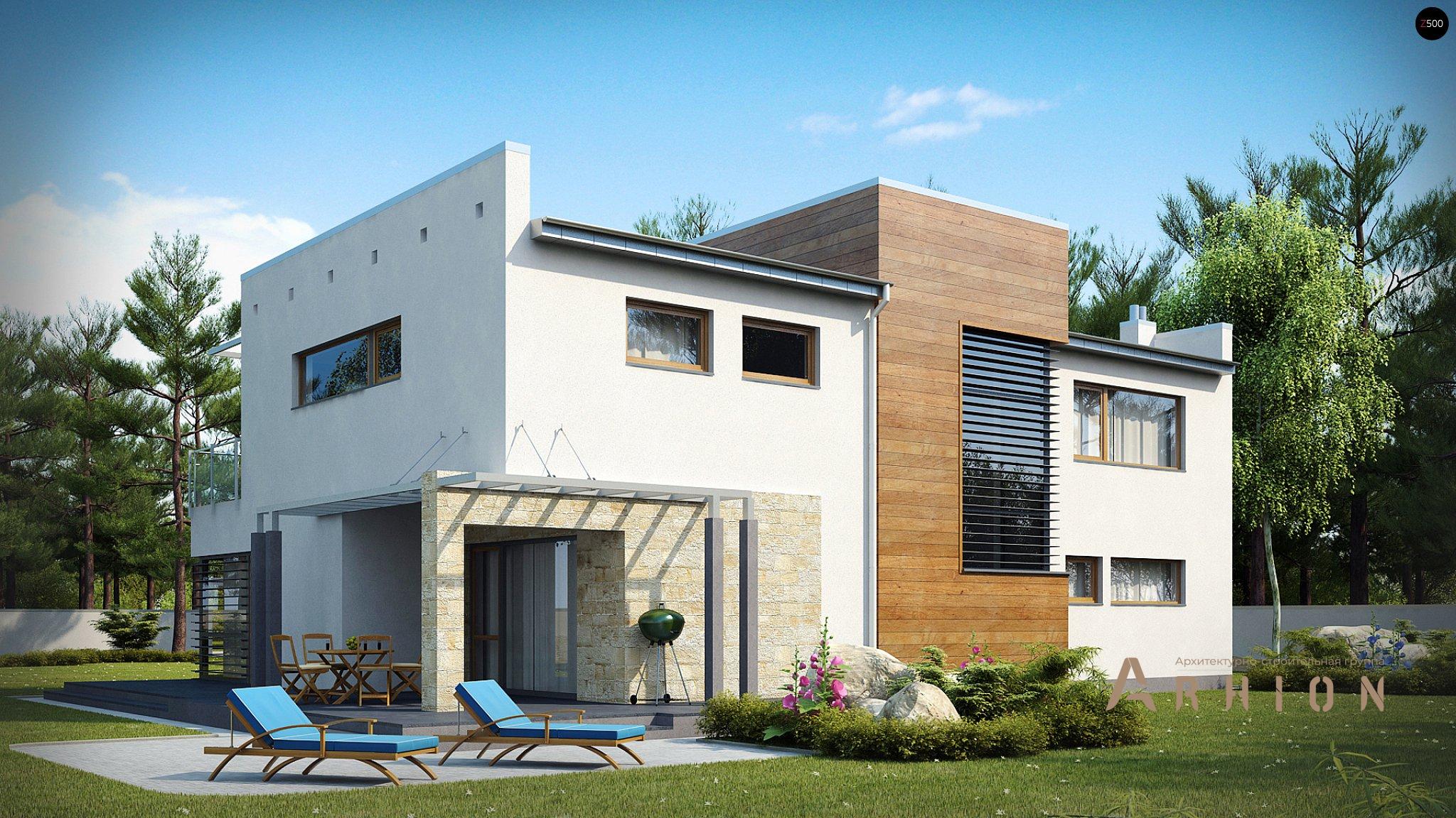 12. Проект двухэтажного дома в стиле хай-тек с плоской кровлей , Zx15, площадью - 295 кв c терассой, гаражом