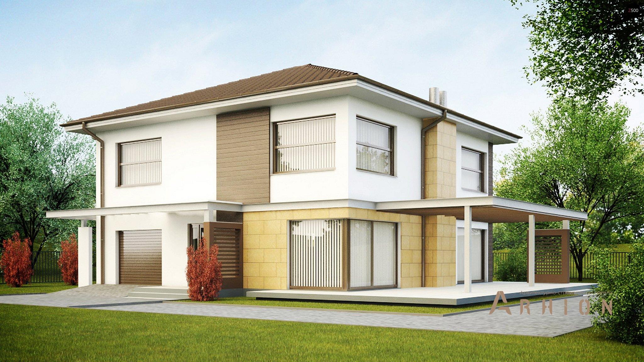 1. Проект двухэтажного дома в современном стиле с четырехскатной, Zx2, площадью - 187 кв c терассой, гаражом, вторым светом