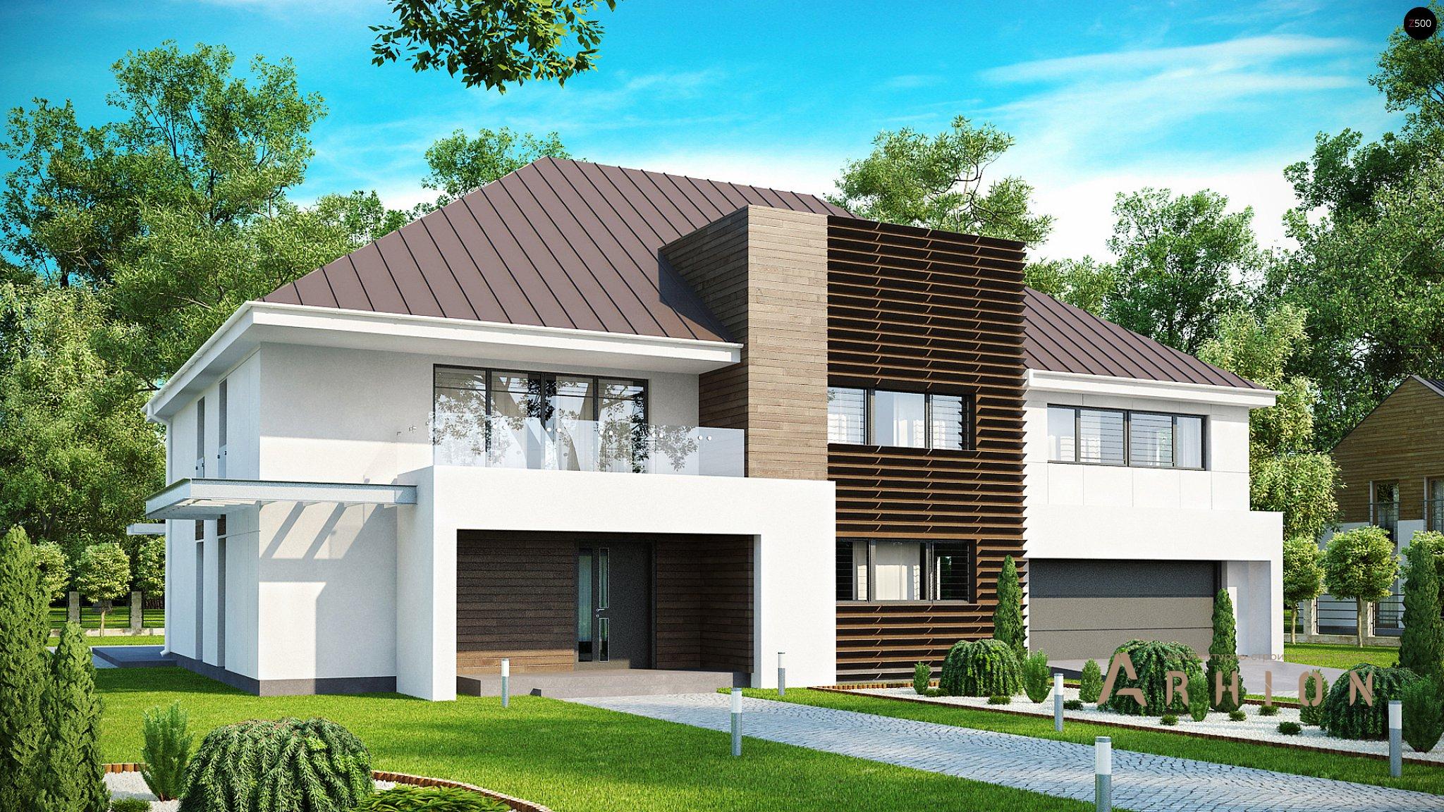 1. Проект двухэтажного дома в современном стиле с четырехскатной, Zx20, площадью - 433 кв c терассой, гаражом, вторым светом