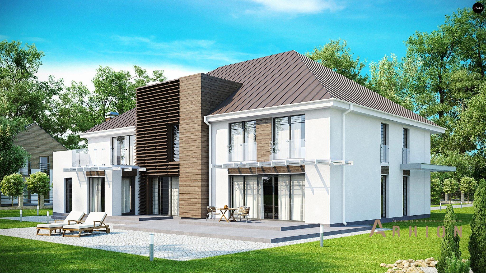 2. Проект двухэтажного дома в современном стиле с четырехскатной, Zx20, площадью - 433 кв c терассой, гаражом, вторым светом