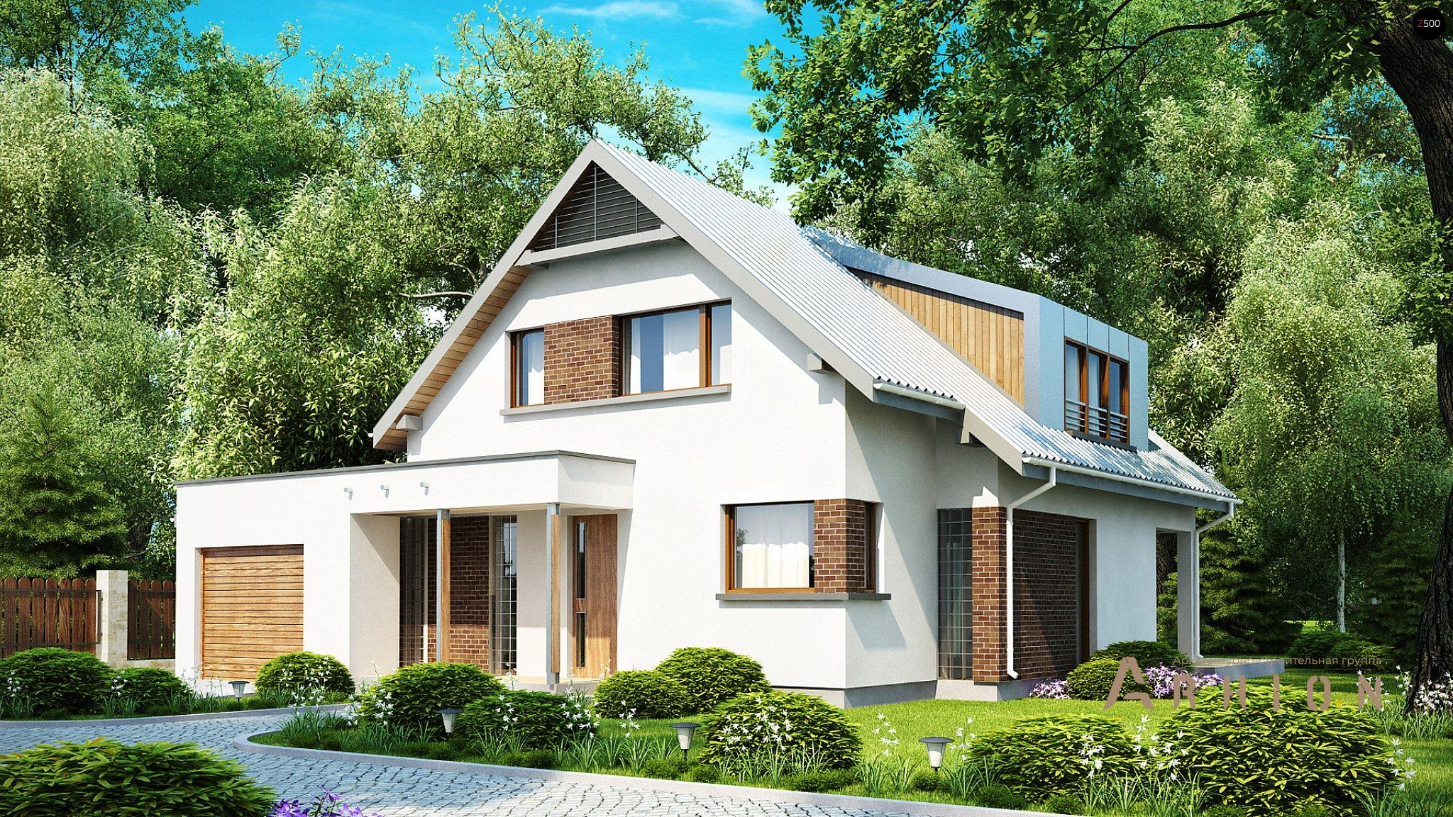 1. Проект одноэтажного дома в канадском стиле с двускатной кровлей, Zx23, площадью - 164 кв c мансардой, терассой, гаражом