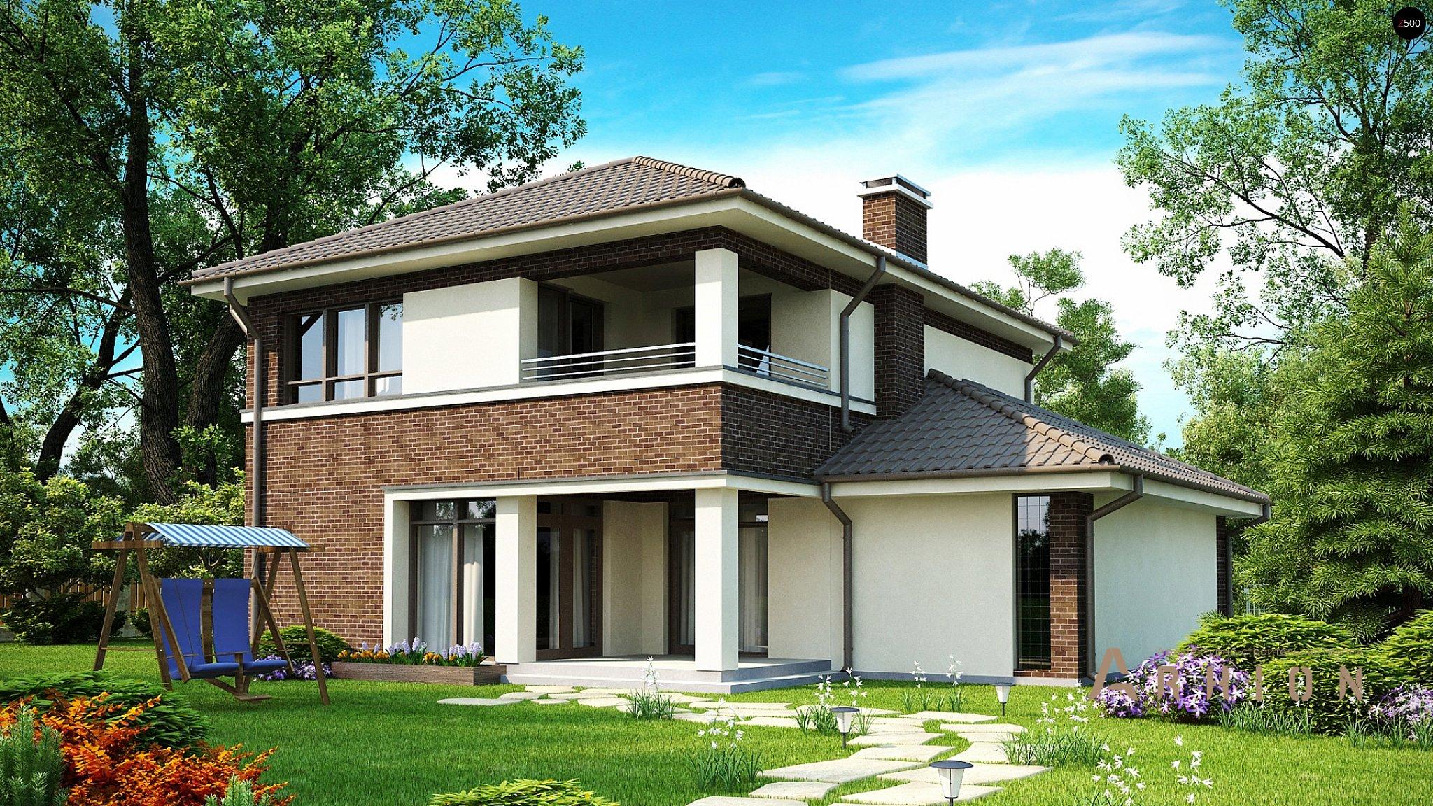 12. Проект двухэтажного дома в современном стиле с четырехскатной, Zx24, площадью - 163 кв c терассой, балконом, гаражом